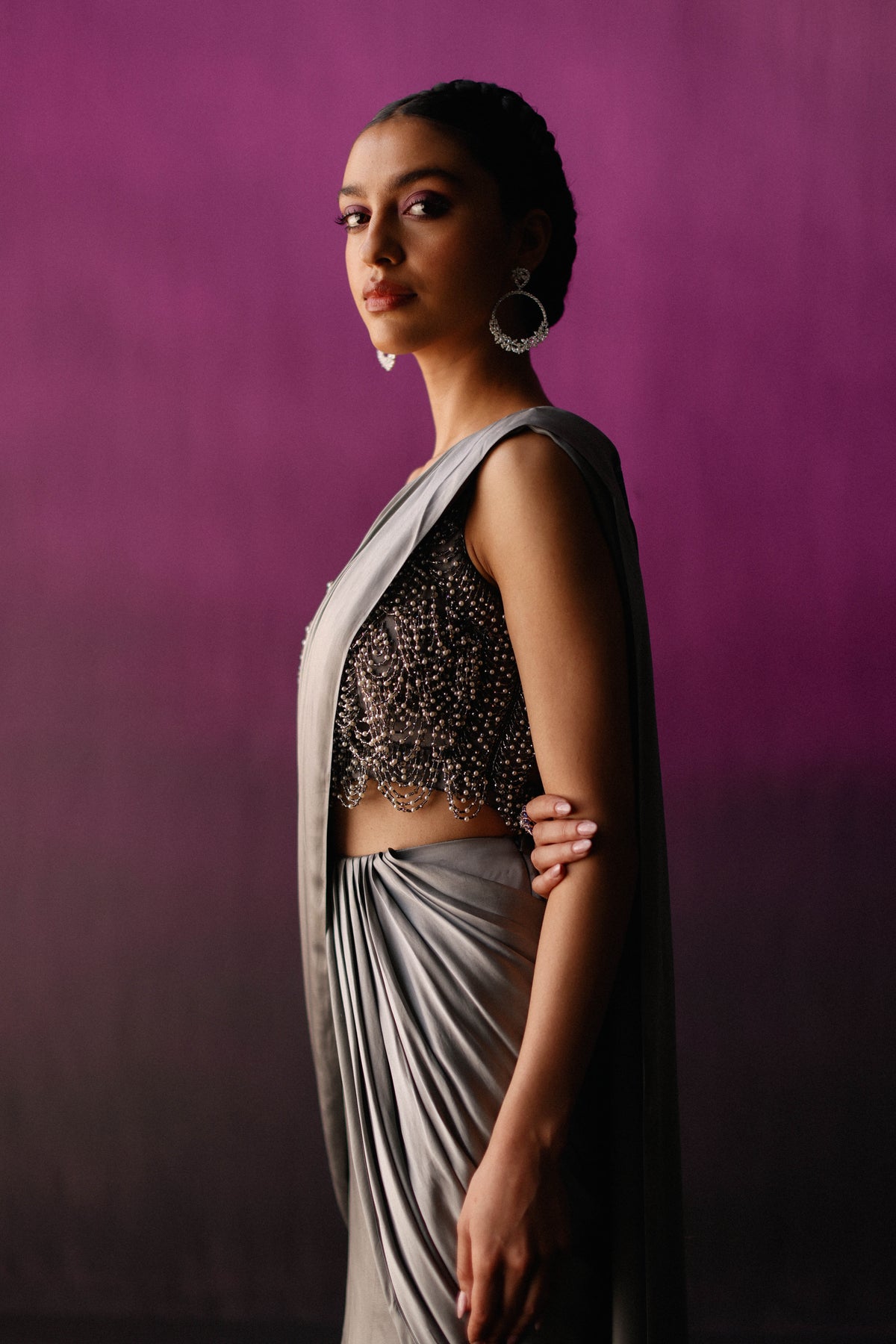 The Grey Scallop Crystal &amp; feather Drape Saree