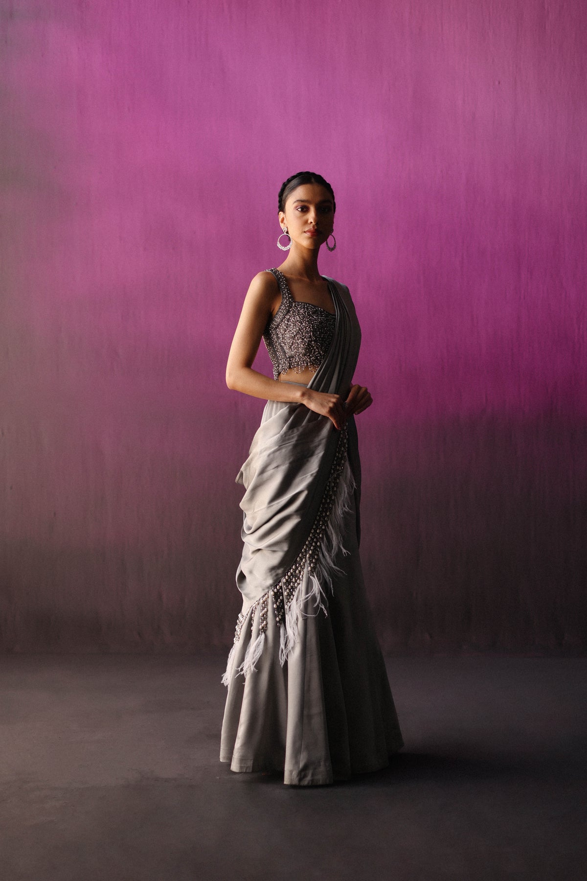 The Grey Scallop Crystal &amp; feather Drape Saree