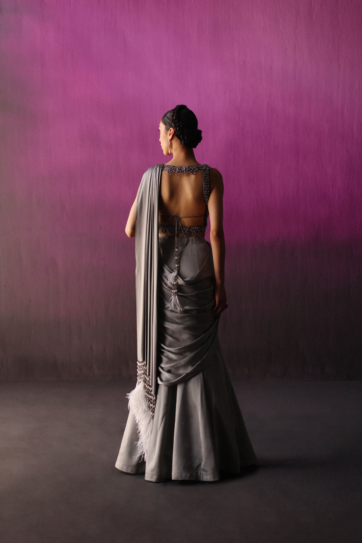 The Grey Scallop Crystal &amp; feather Drape Saree
