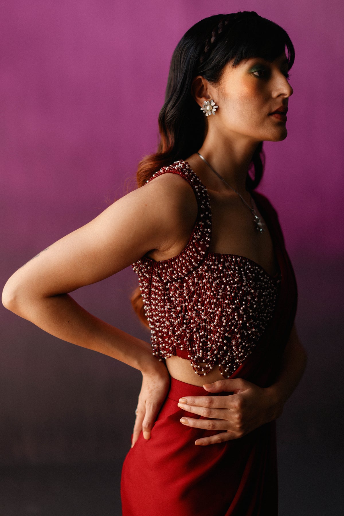 The Red Scallop Crystal Drape Saree