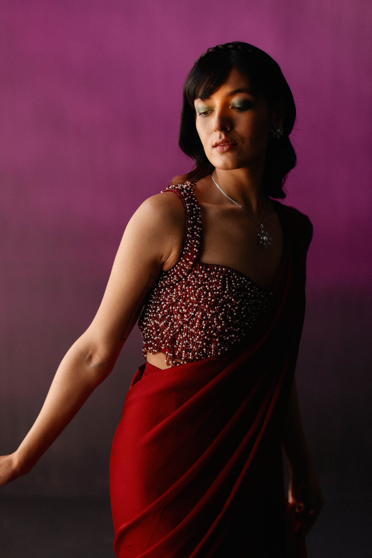 The Red Scallop Crystal Drape Saree
