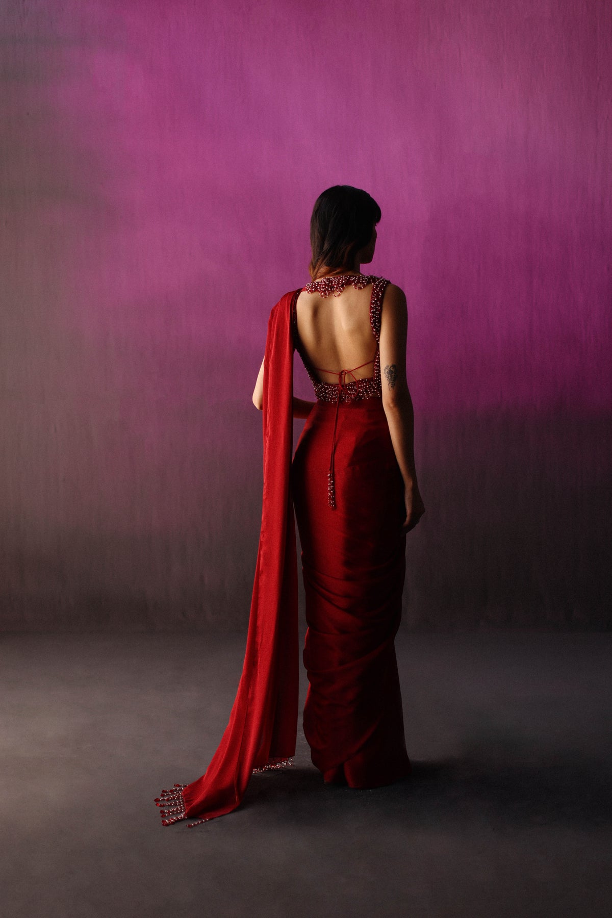 The Red Scallop Crystal Drape Saree