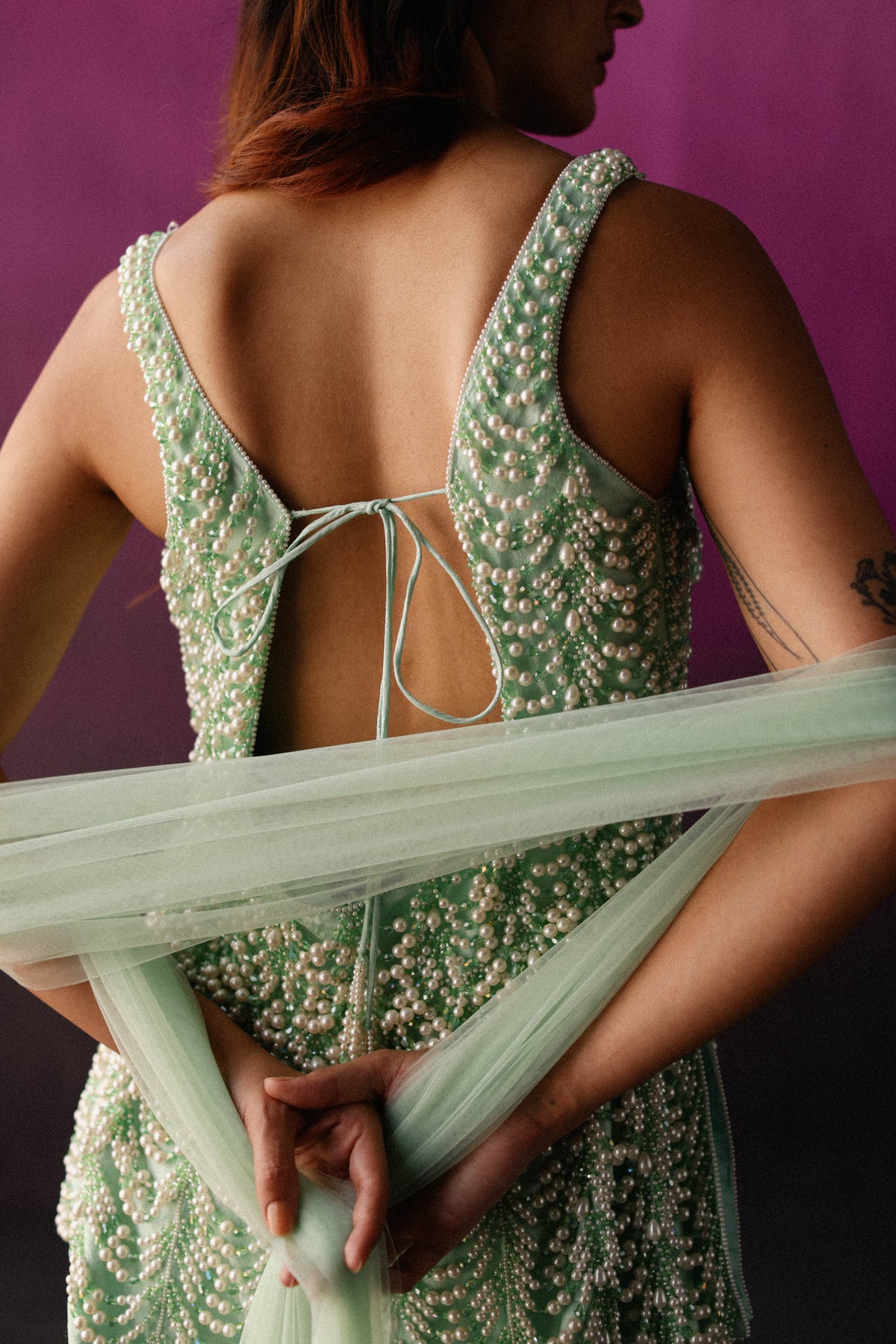 Minty Green Pearl &amp; Crystal Sharara Set