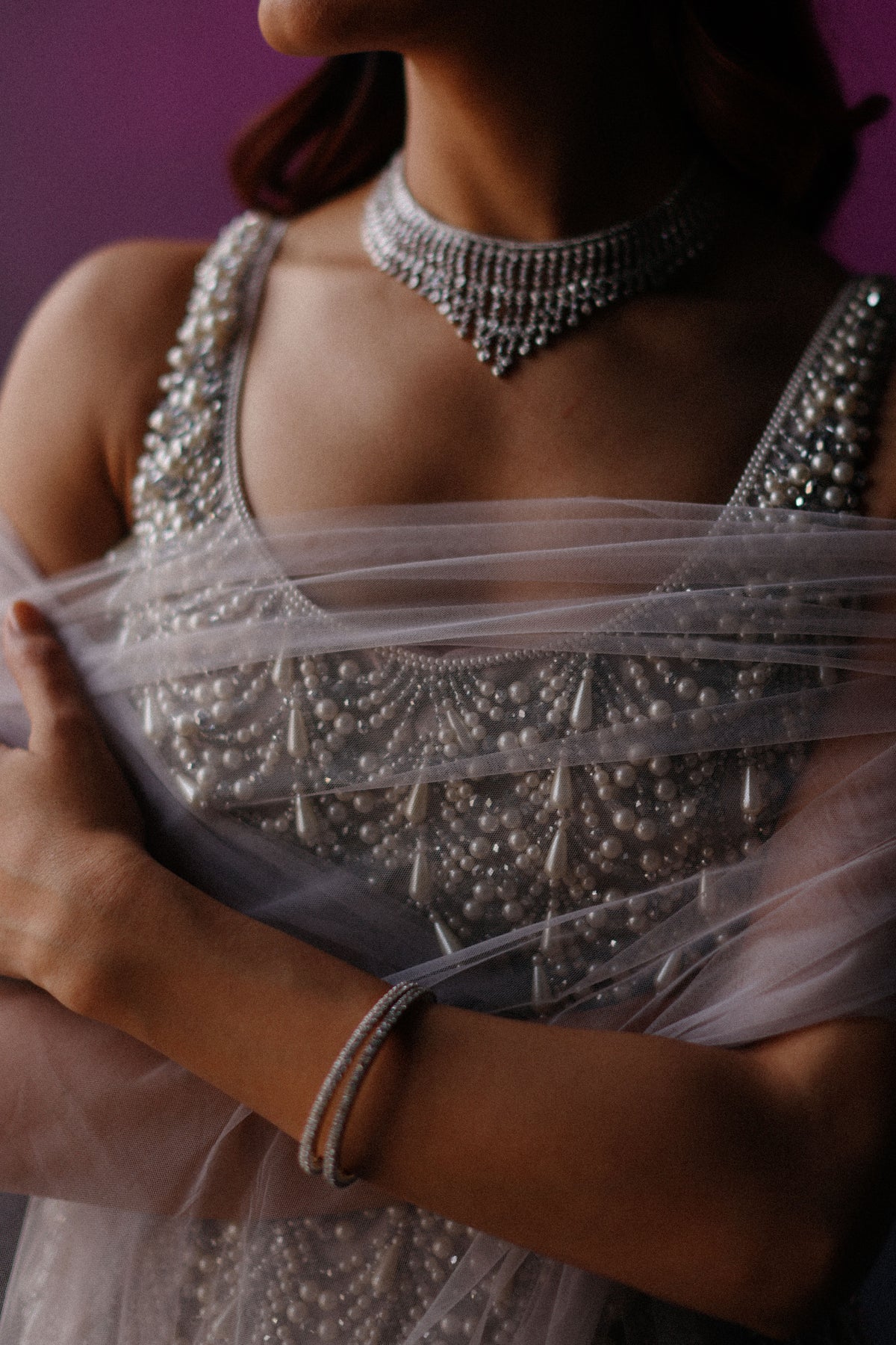 Lilac Grey Pearl &amp; crystal Sharara Set
