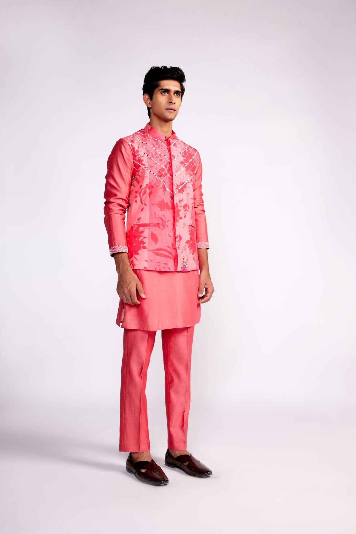 Pink Printed and Embroidered Silk Nehru Jacket