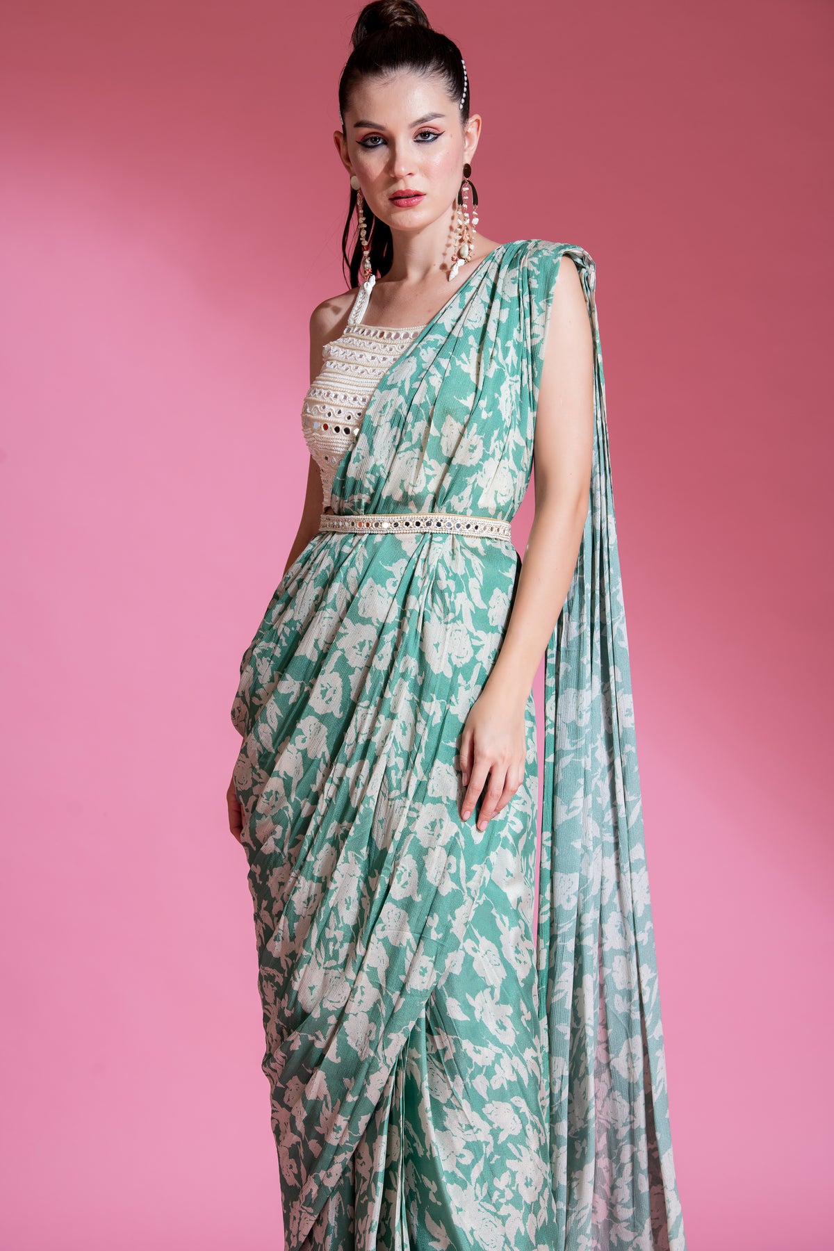 Pre Draped Jade Green Saree