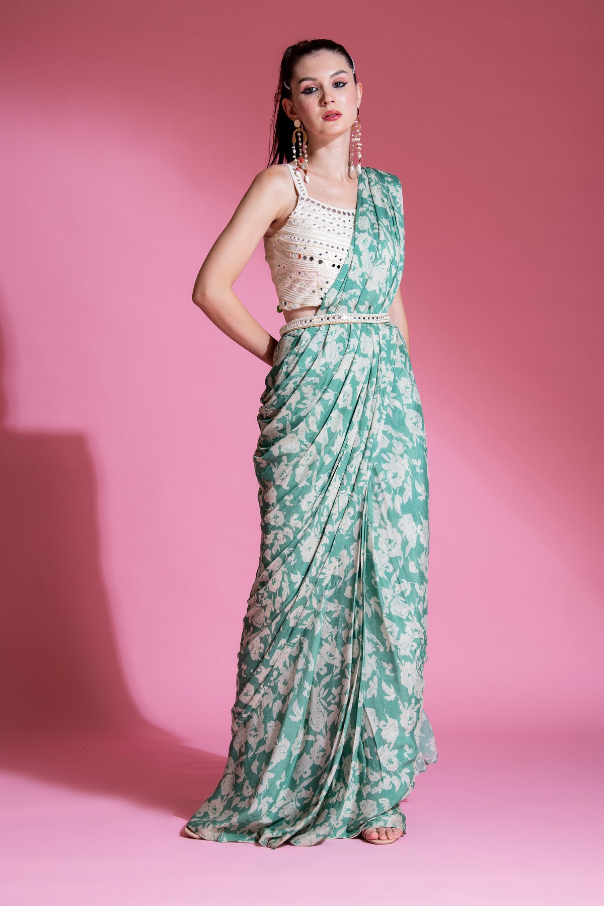 Pre Draped Jade Green Saree