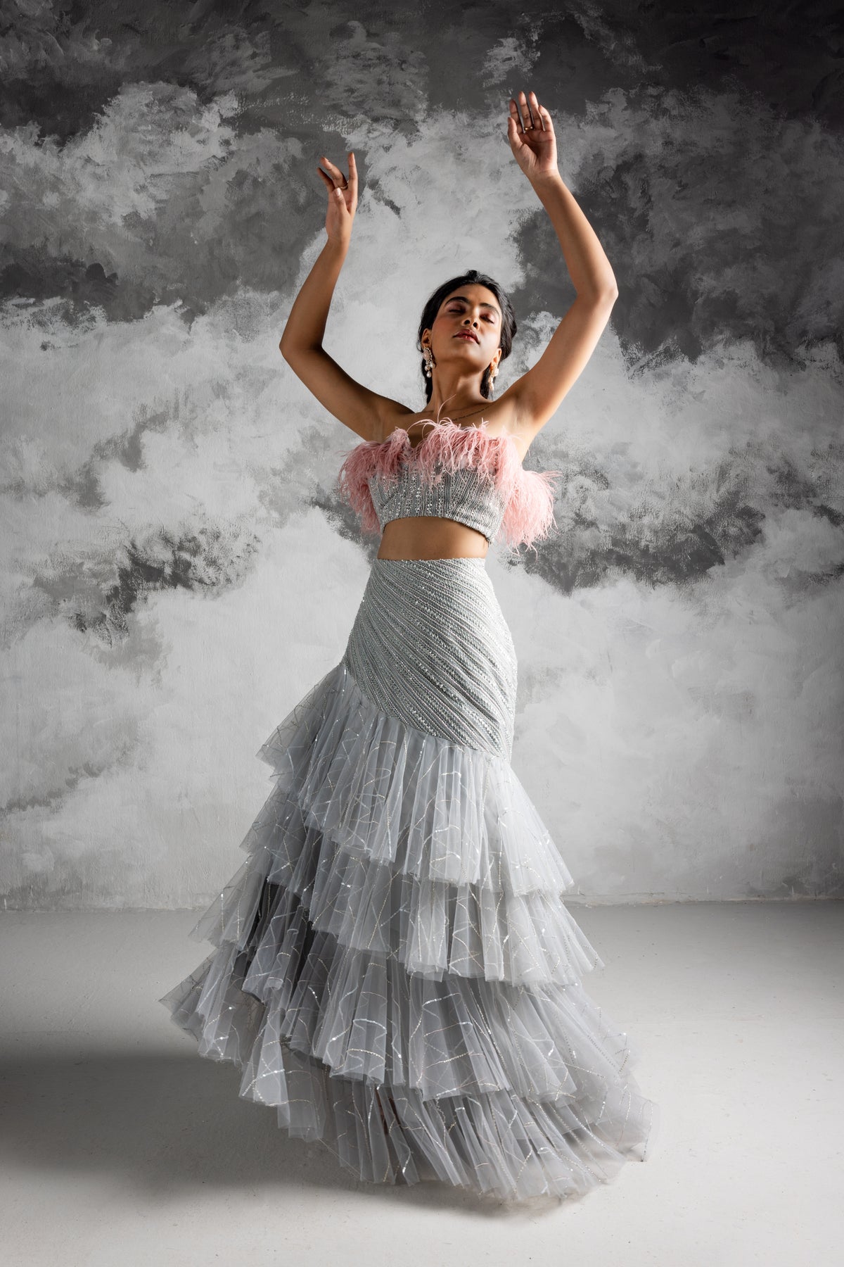 Powder Blue Layered Lehenga Set