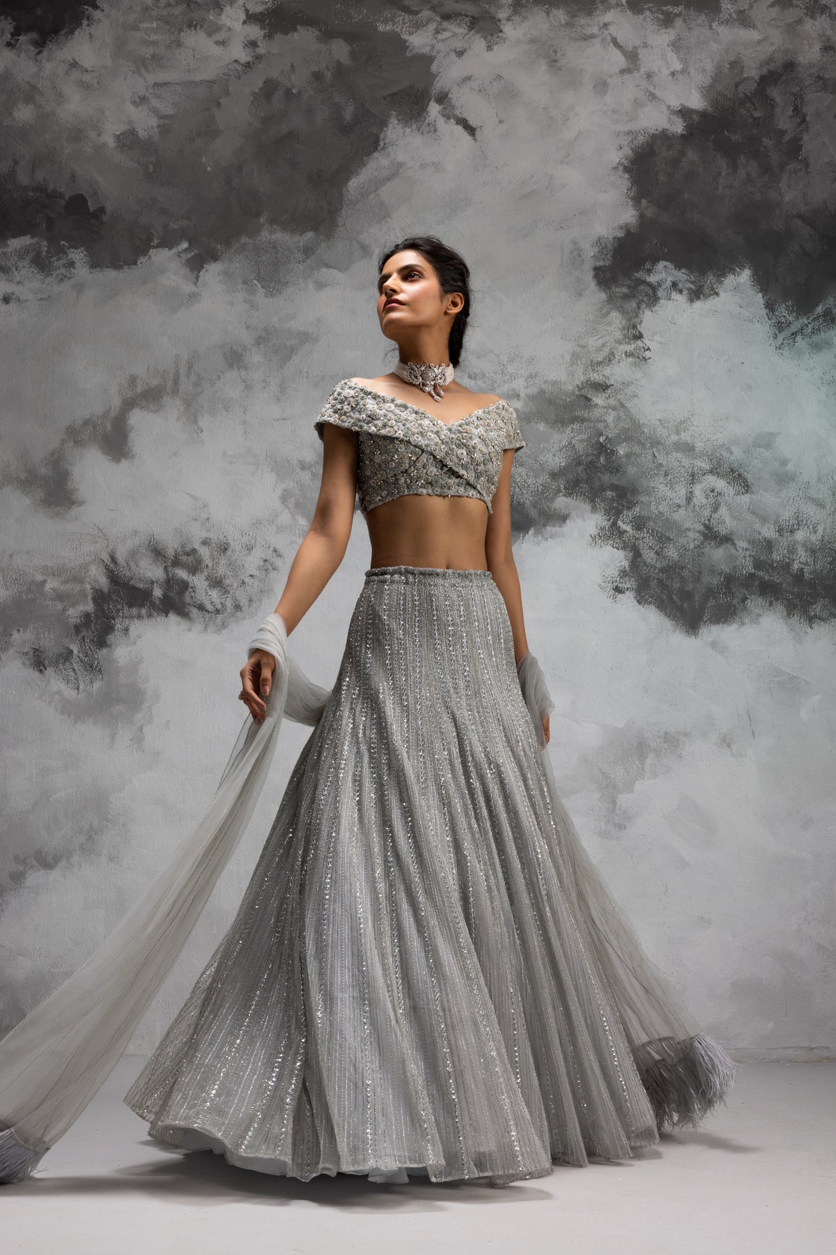 Powder Blue Off Shoulder Lehenga Set