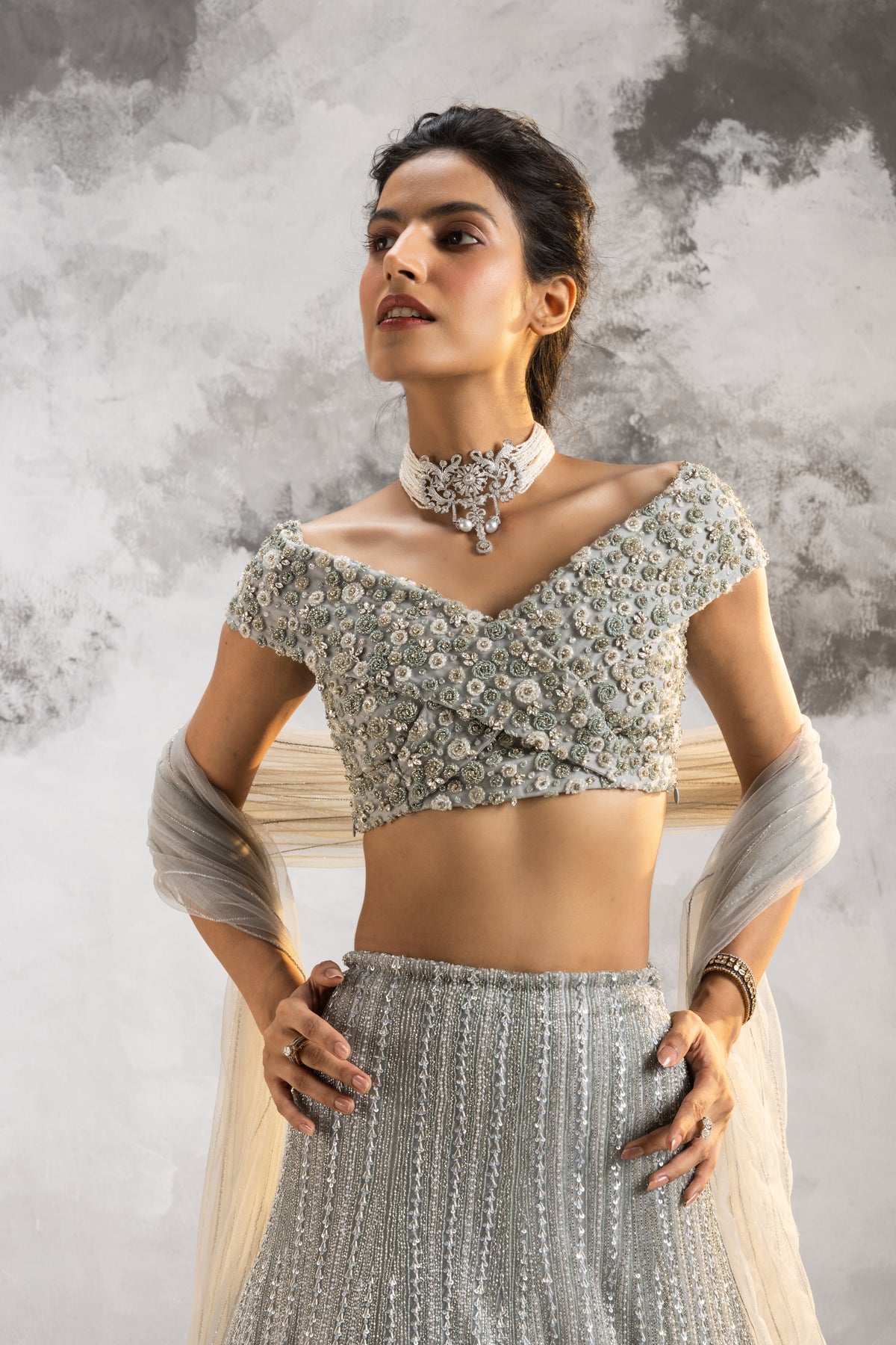 Powder Blue Off Shoulder Lehenga Set