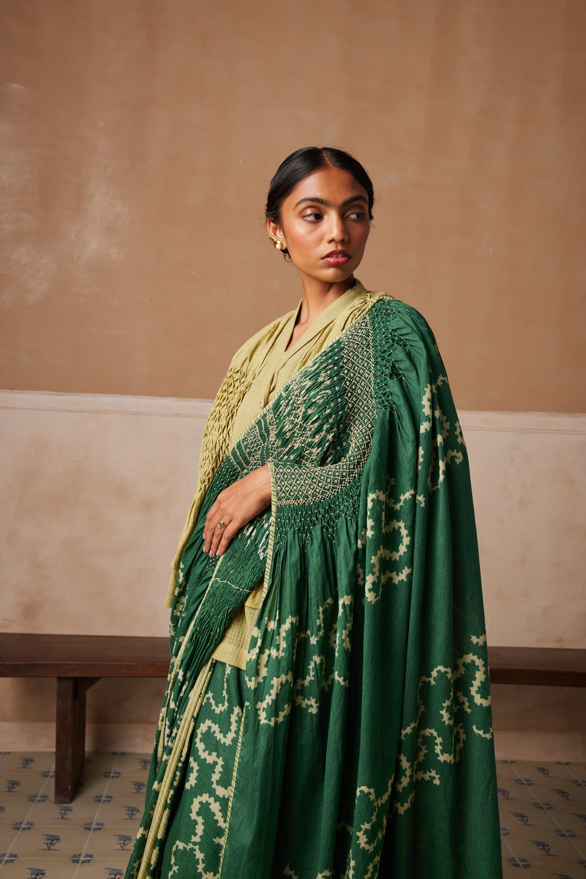 Emerald Spiral Smocked Saree With Top