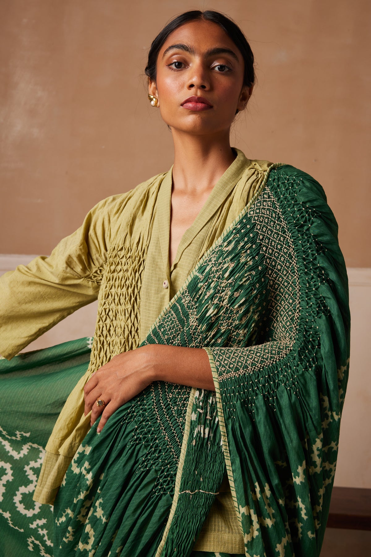 Emerald Spiral Smocked Saree With Top