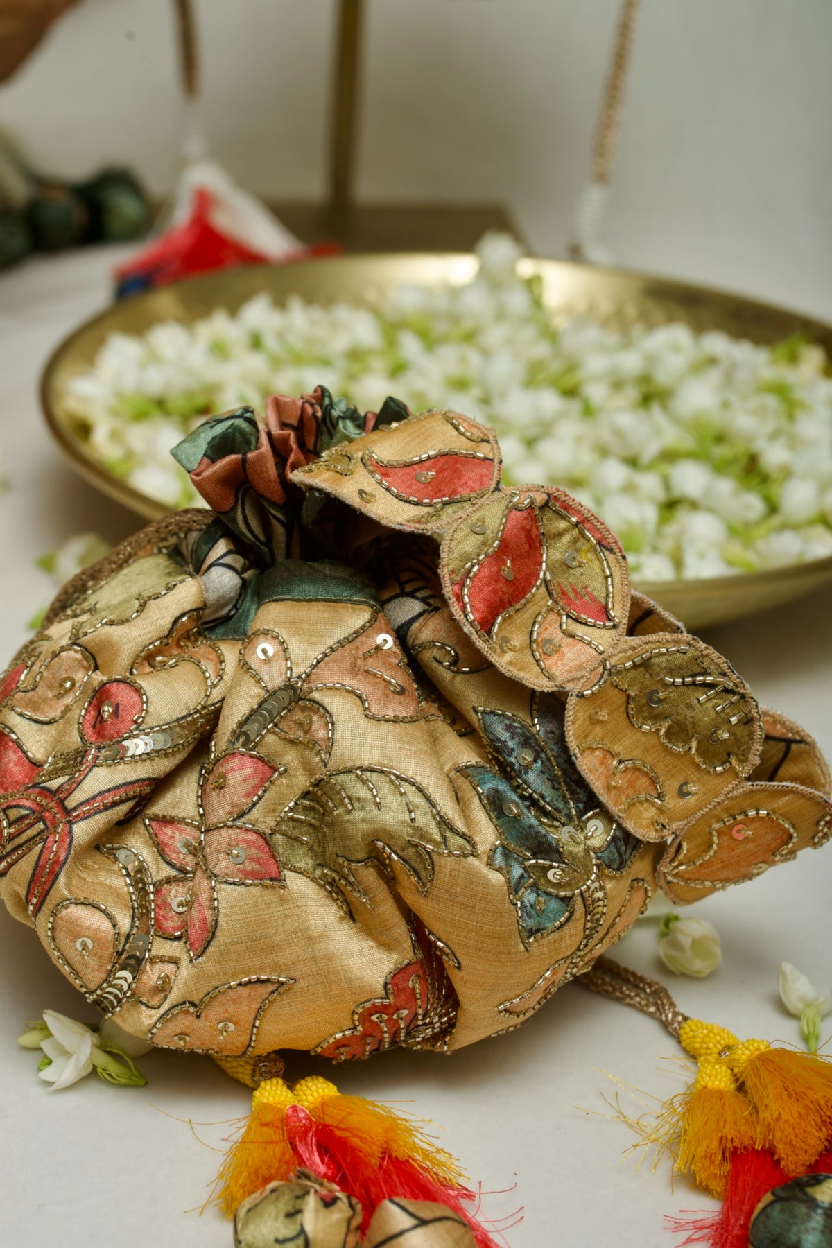 Kalamkari Gol Potli Bag Yellow