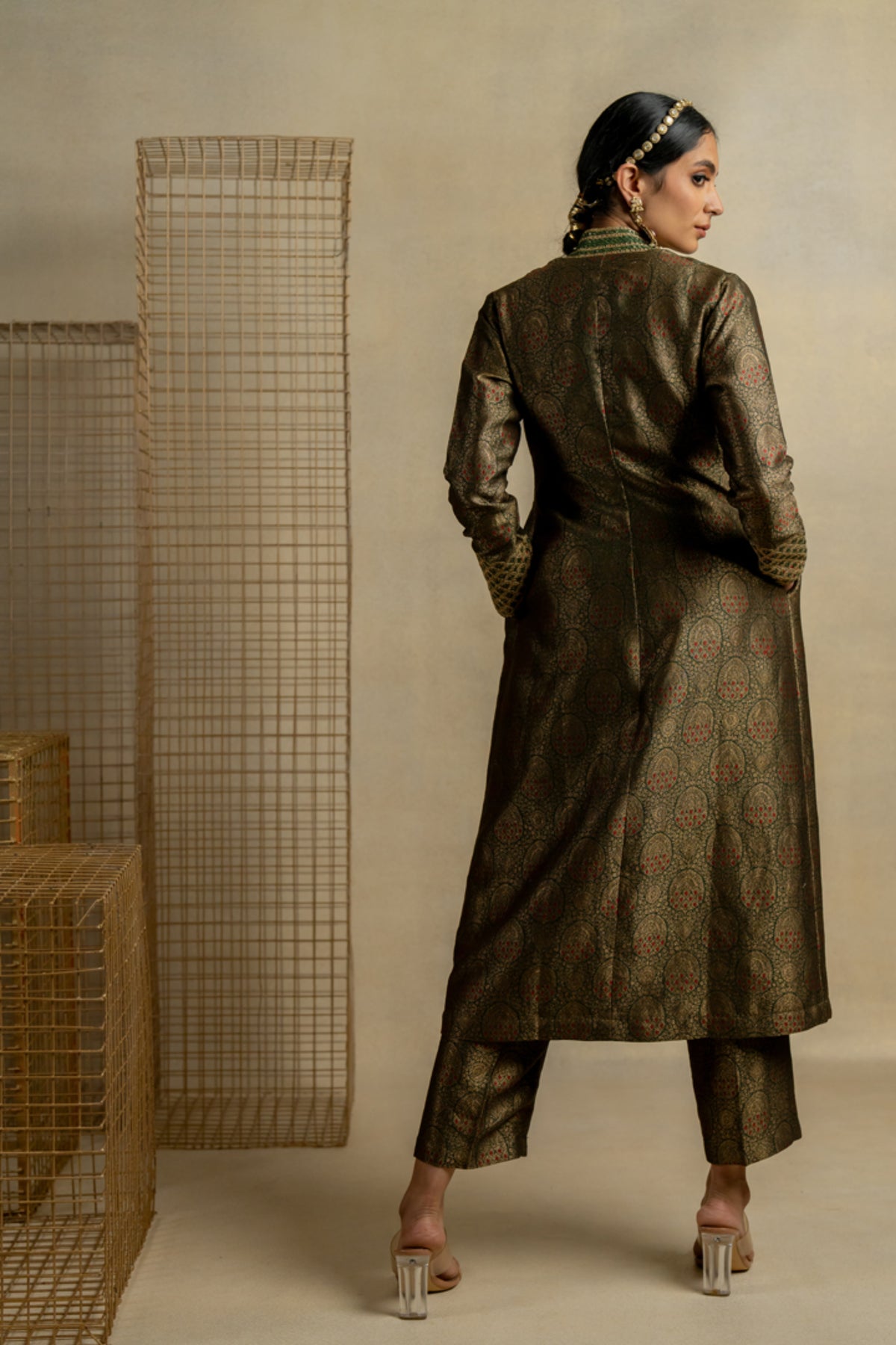 Mehndi Brocade Jacket Set