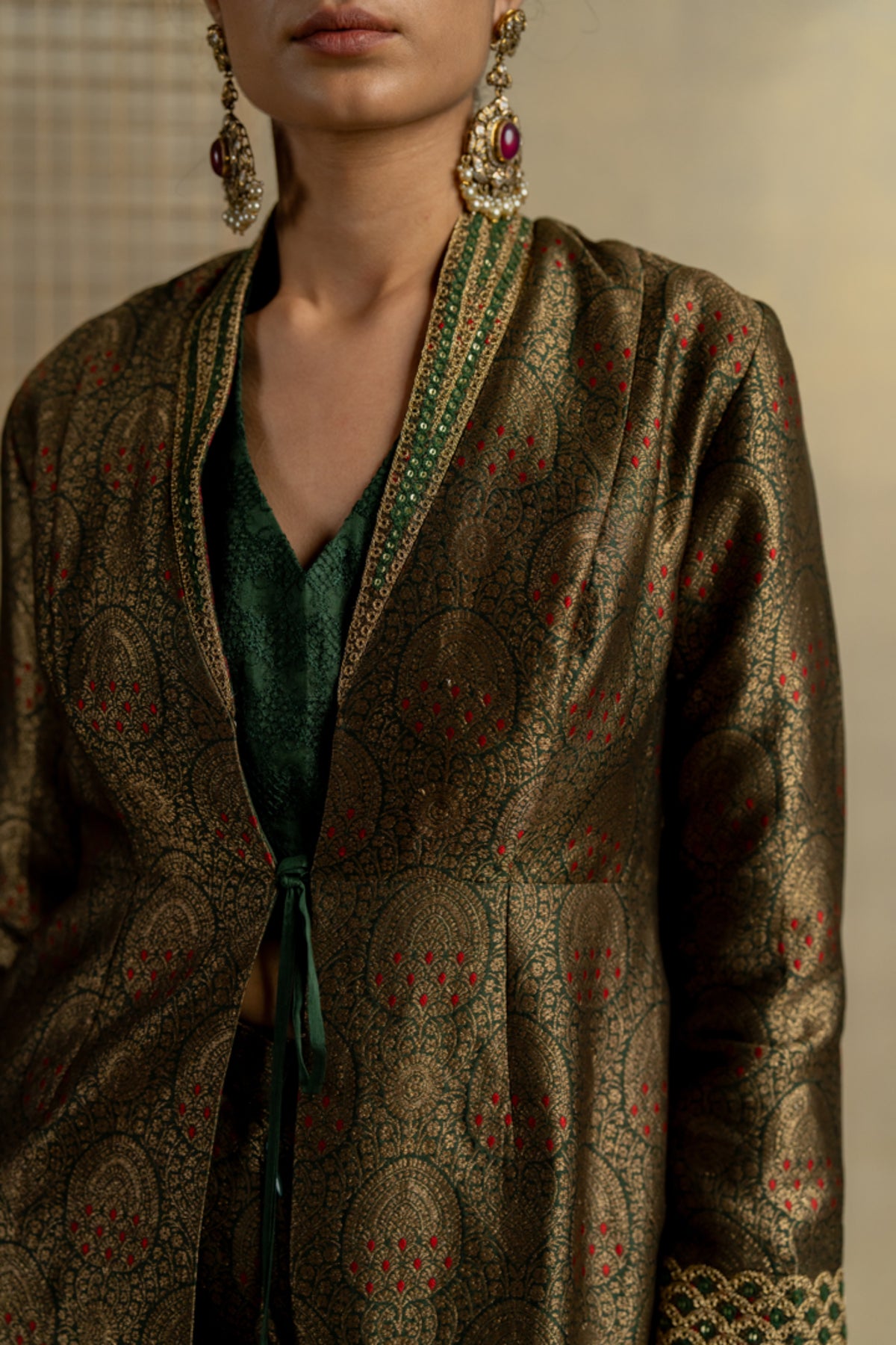 Mehndi Brocade Jacket Set