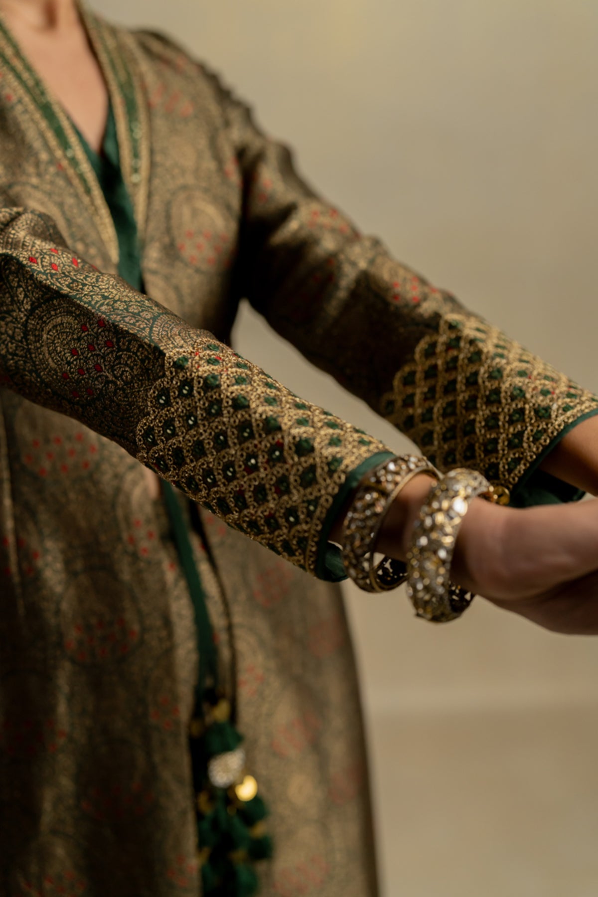 Mehndi Brocade Jacket Set