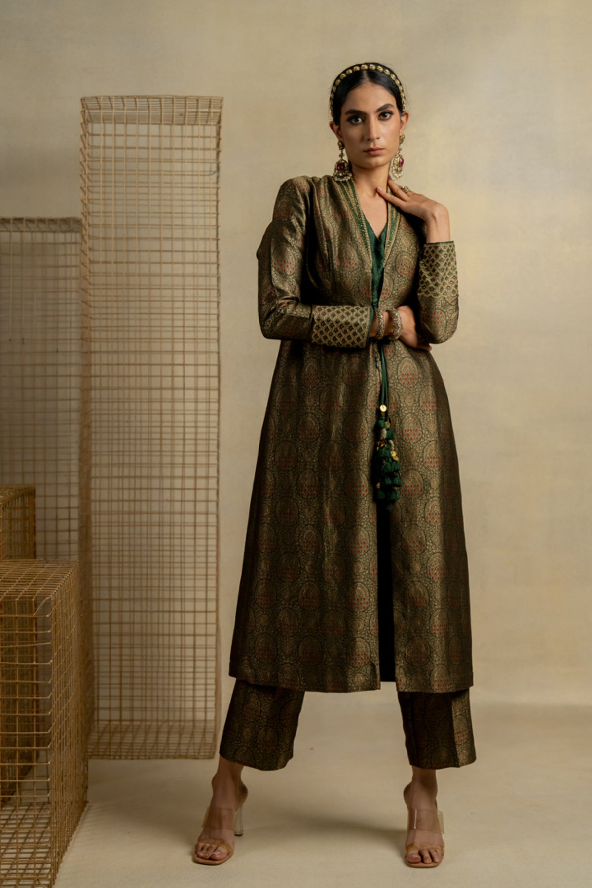 Mehndi Brocade Jacket Set