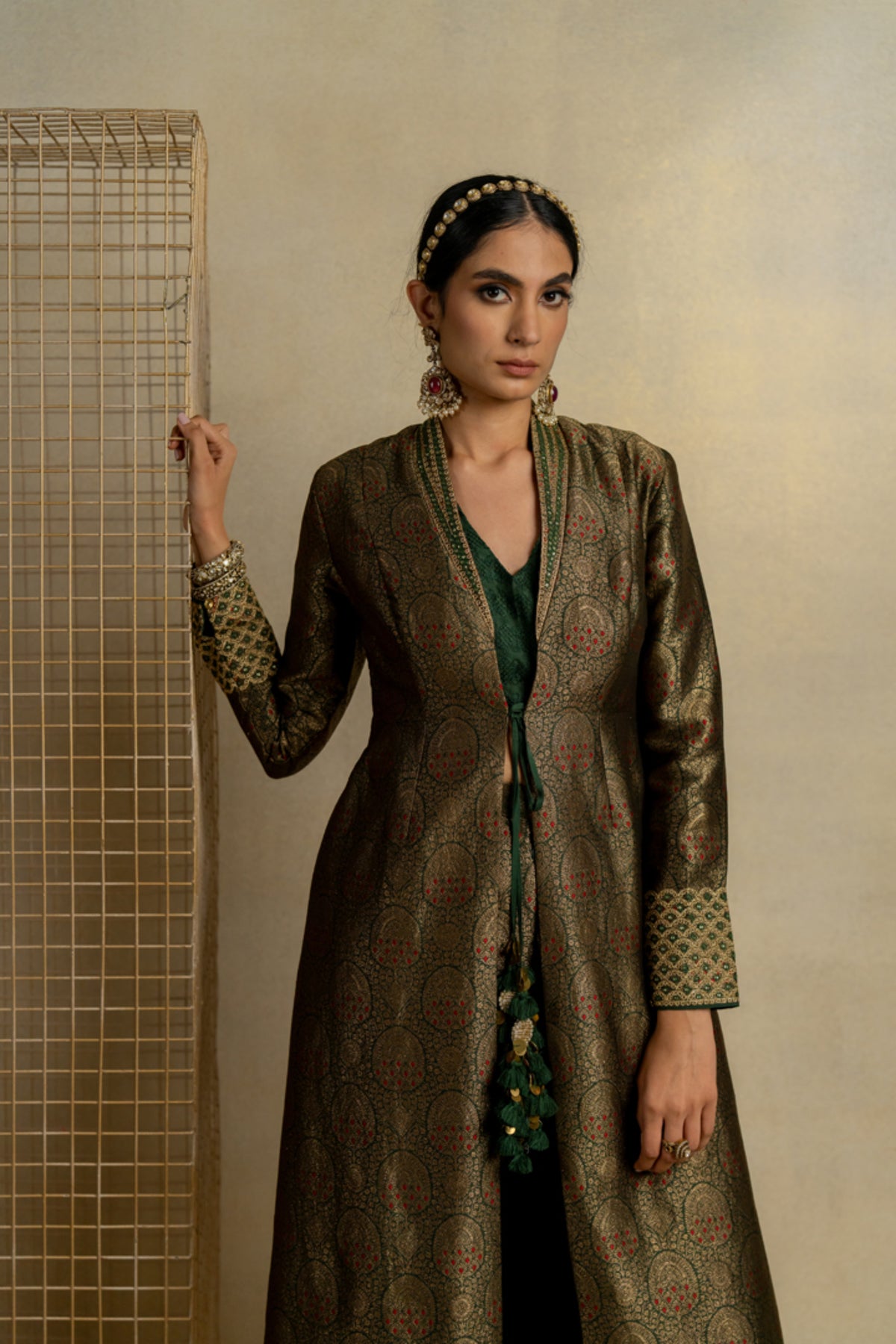 Mehndi Brocade Jacket Set