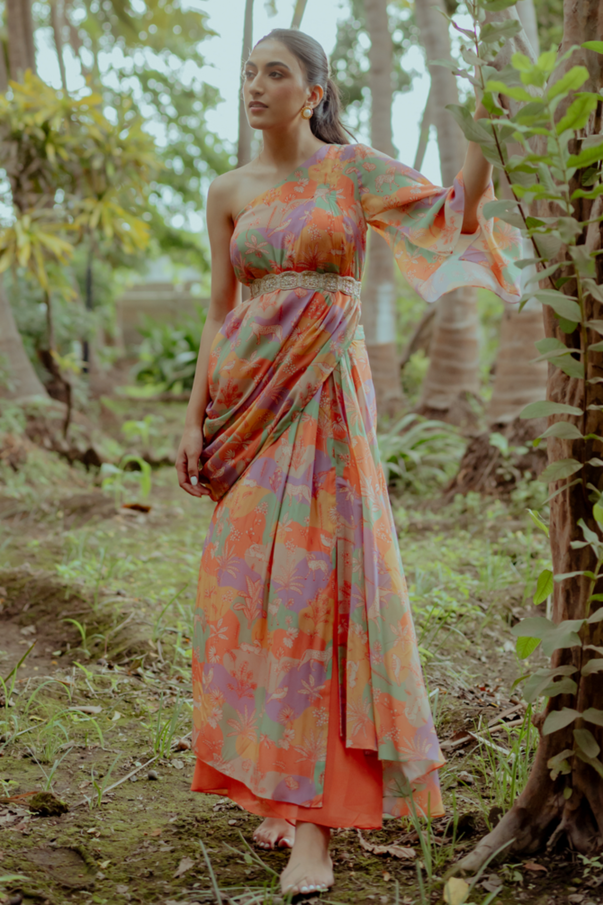 Multicolour draped skirt set