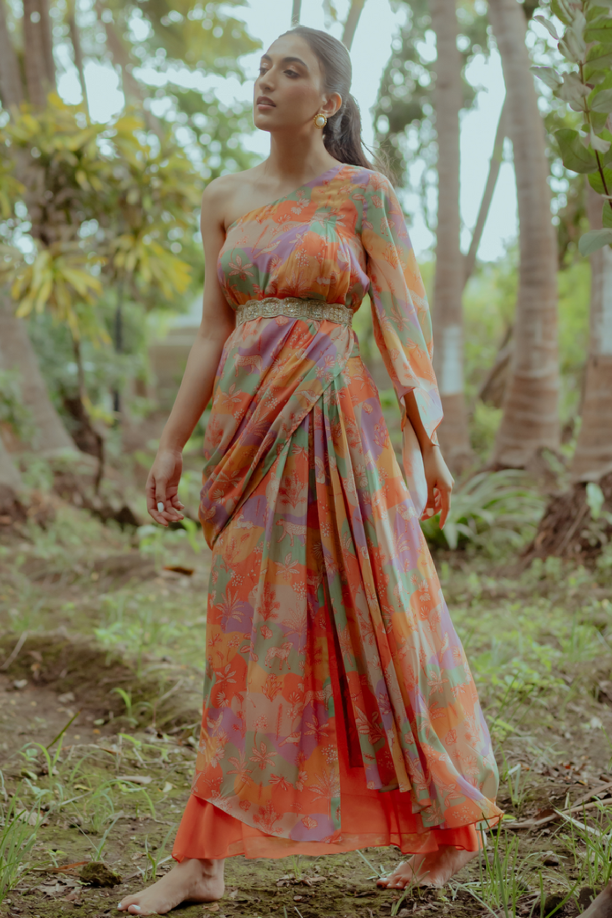 Multicolour draped skirt set