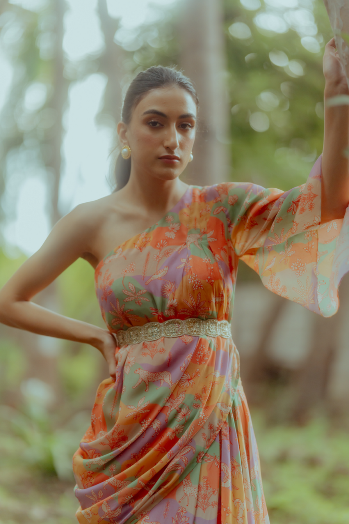 Multicolour draped skirt set