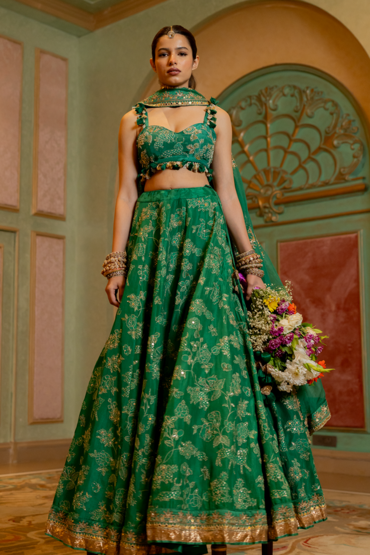 Emerald Green Self Woven Jacquard Lehenga Set