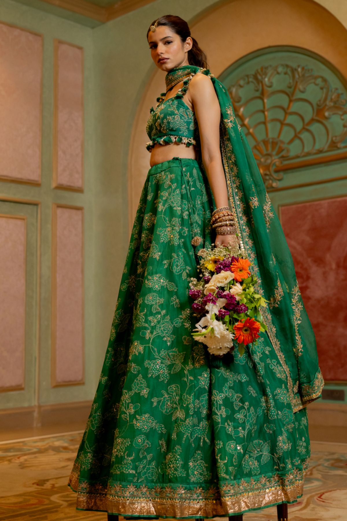Emerald Green Self Woven Jacquard Lehenga Set