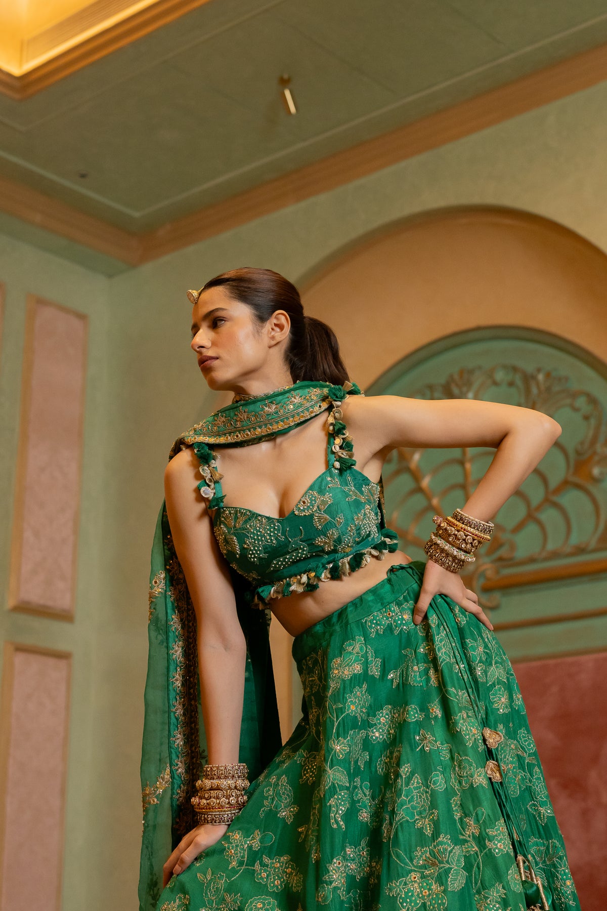Emerald Green Self Woven Jacquard Lehenga Set
