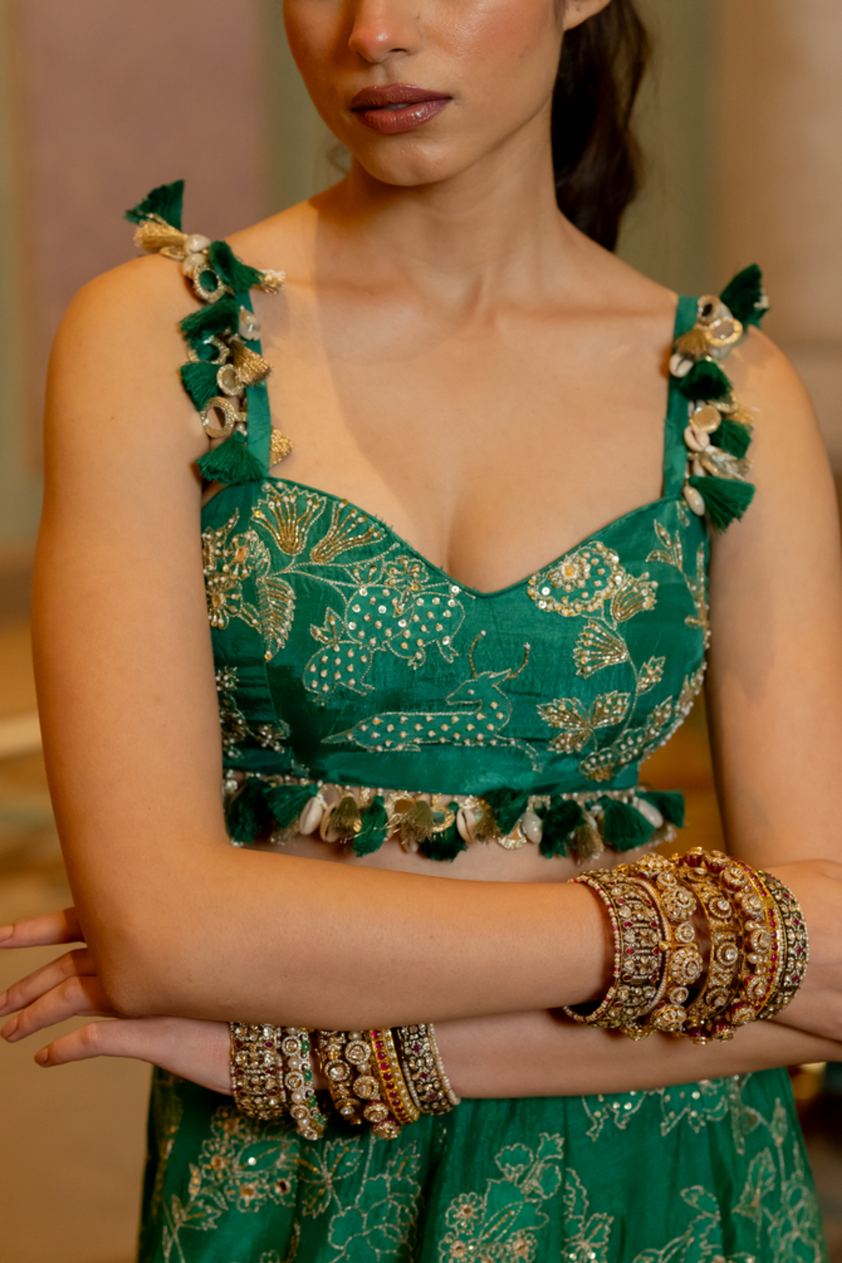 Emerald Green Self Woven Jacquard Lehenga Set