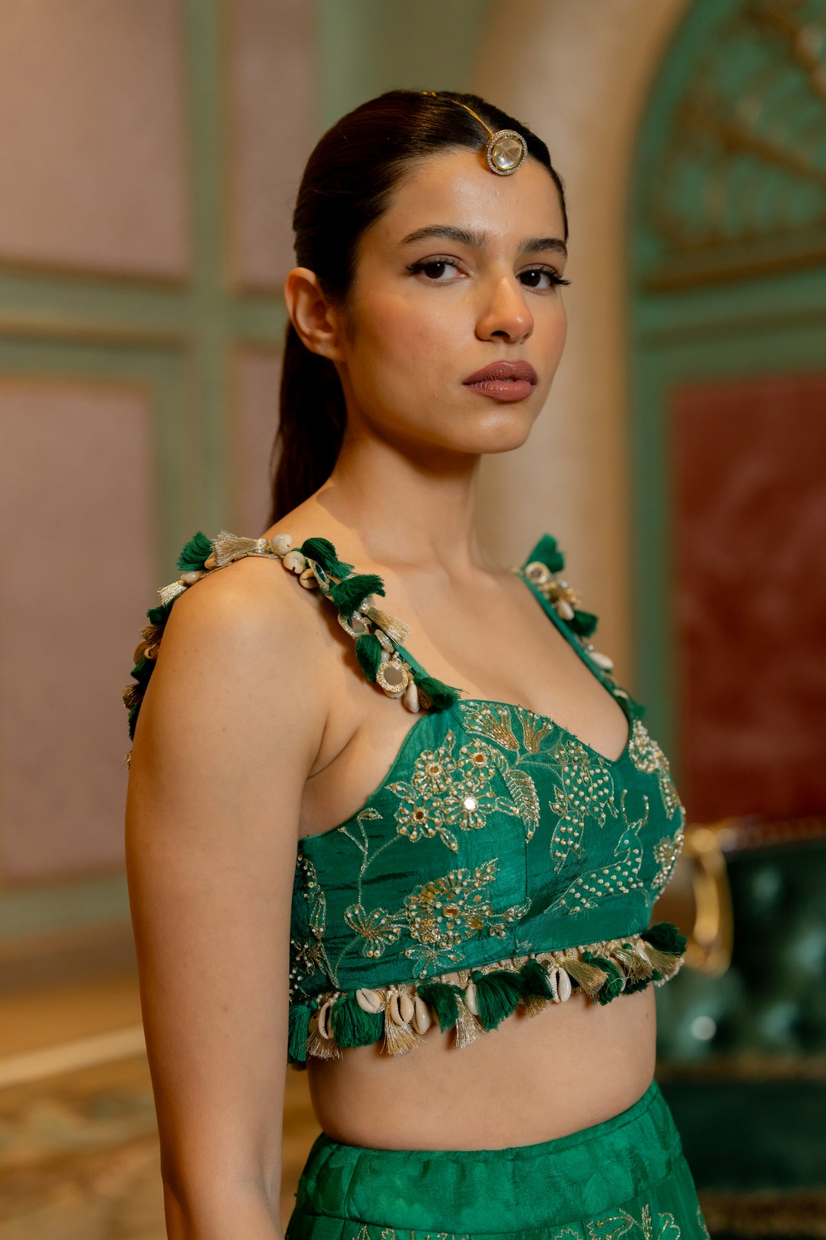 Emerald Green Self Woven Jacquard Lehenga Set