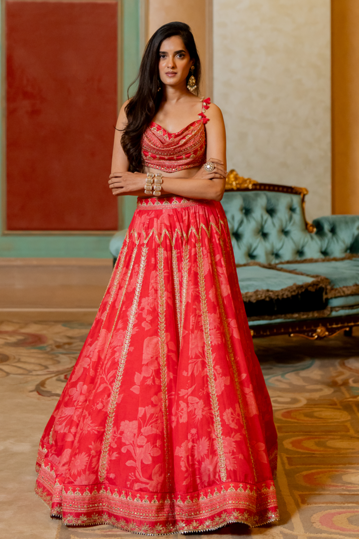 Cherry Red Mono Tone Printed Lehenga Set