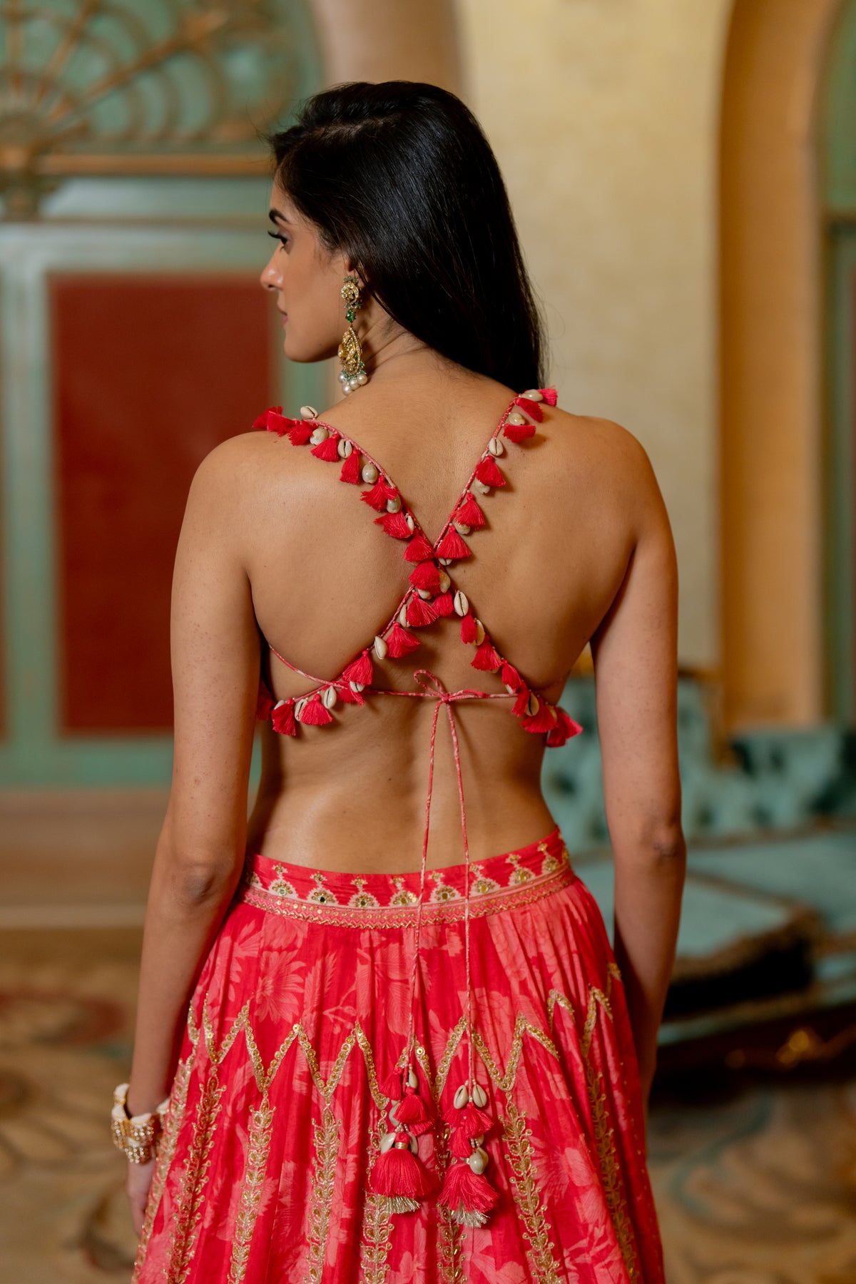 Cherry Red Mono Tone Printed Lehenga Set