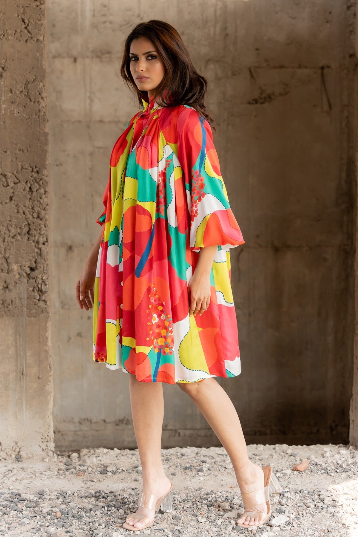 Colour Burst Stand Neck Dress