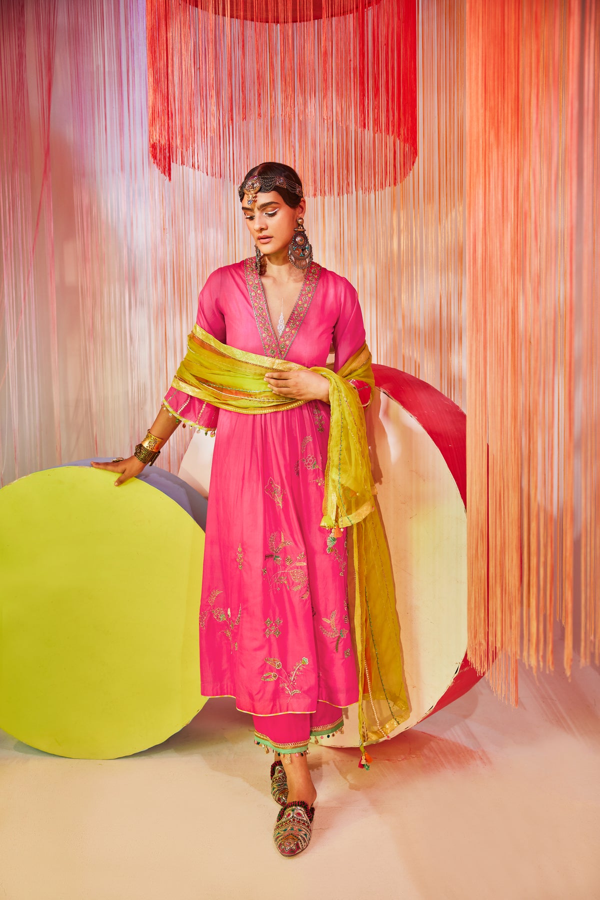 Hot Pink Jaal Silk Kurta