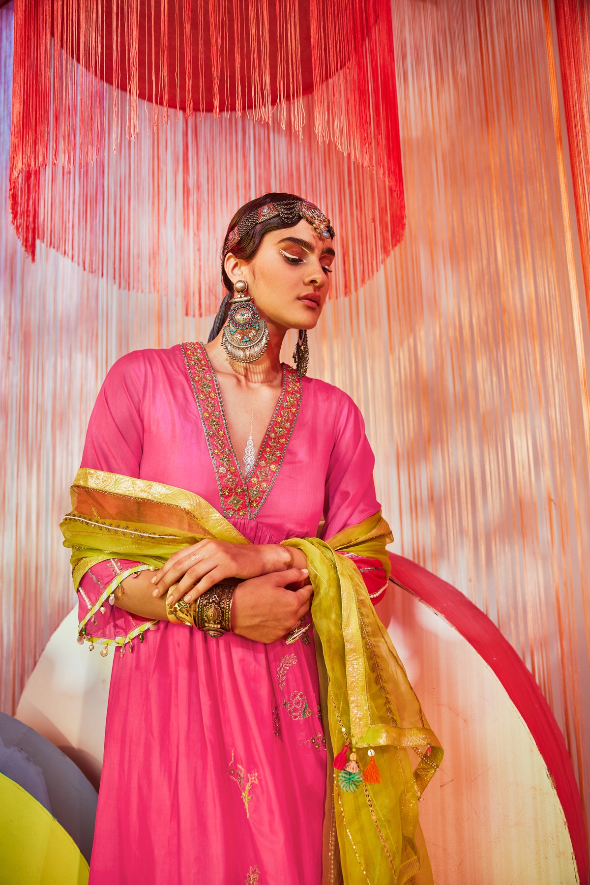 Hot Pink Jaal Silk Kurta