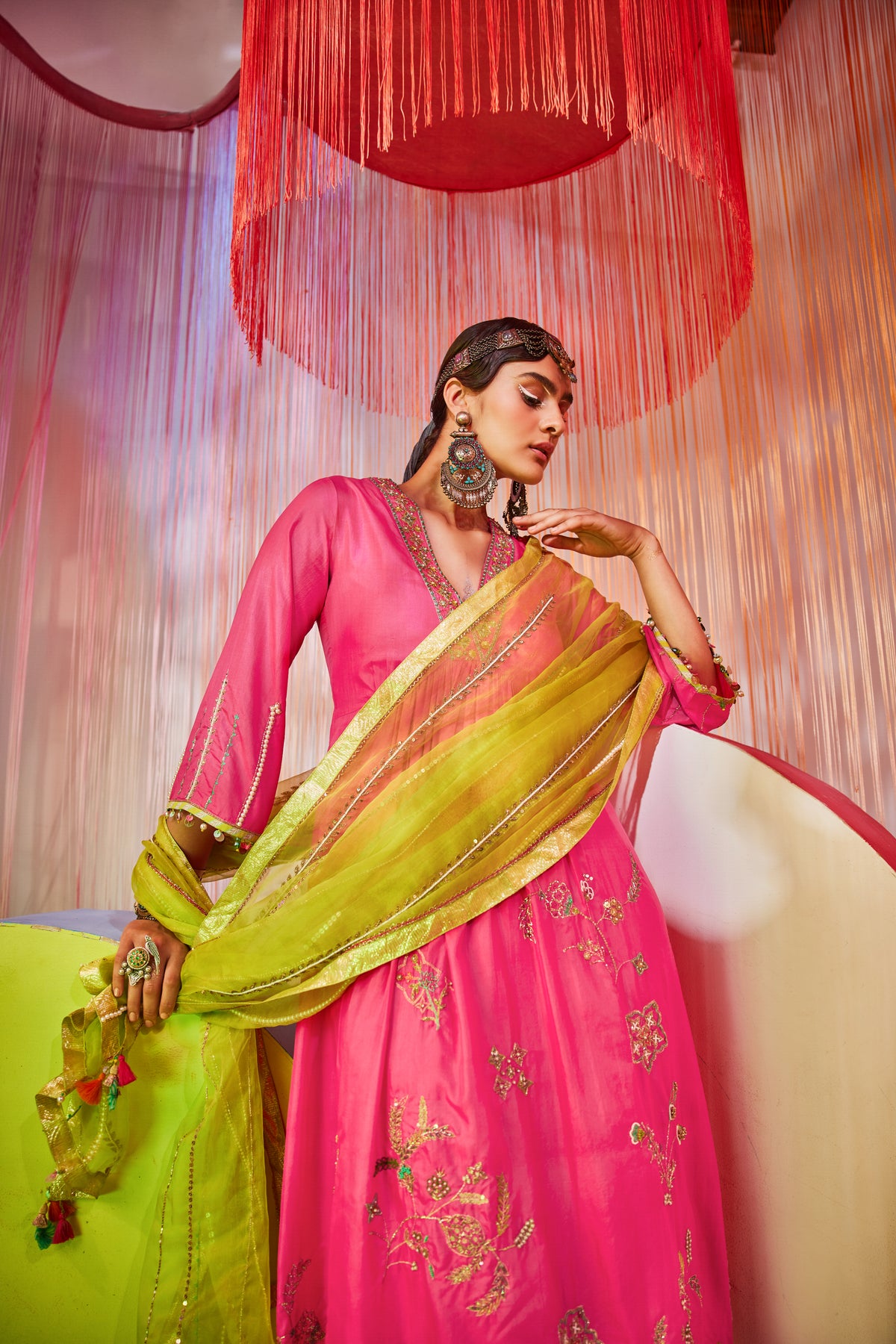 Hot Pink Jaal Silk Kurta