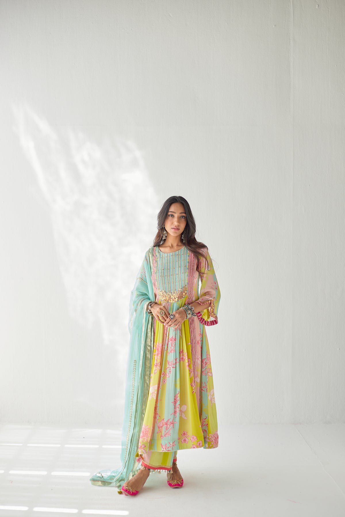Lime yellow orchid yoke kurta