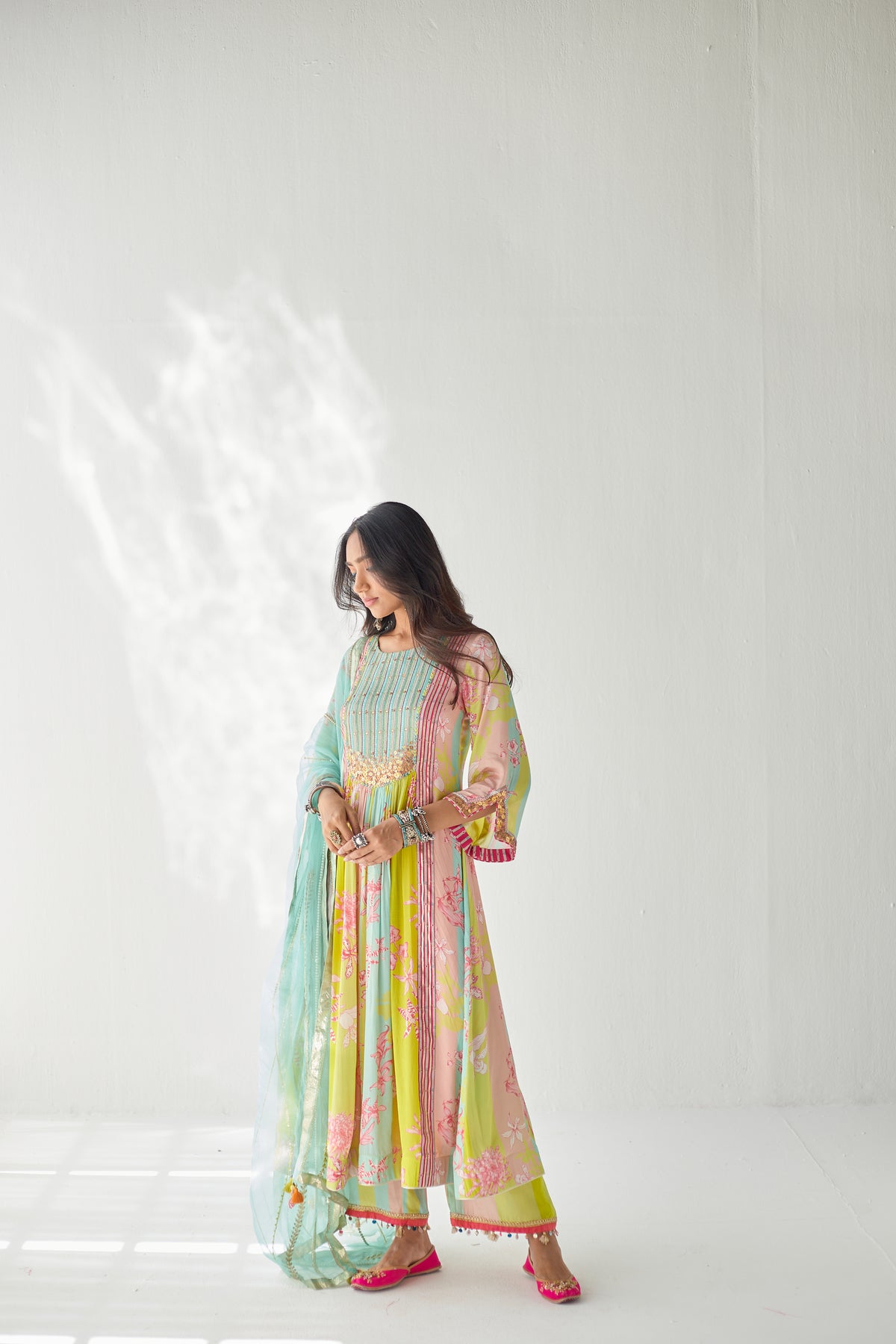 Lime yellow orchid yoke kurta