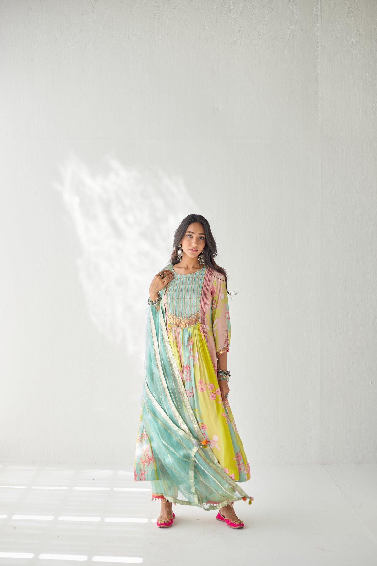 Lime yellow orchid yoke kurta