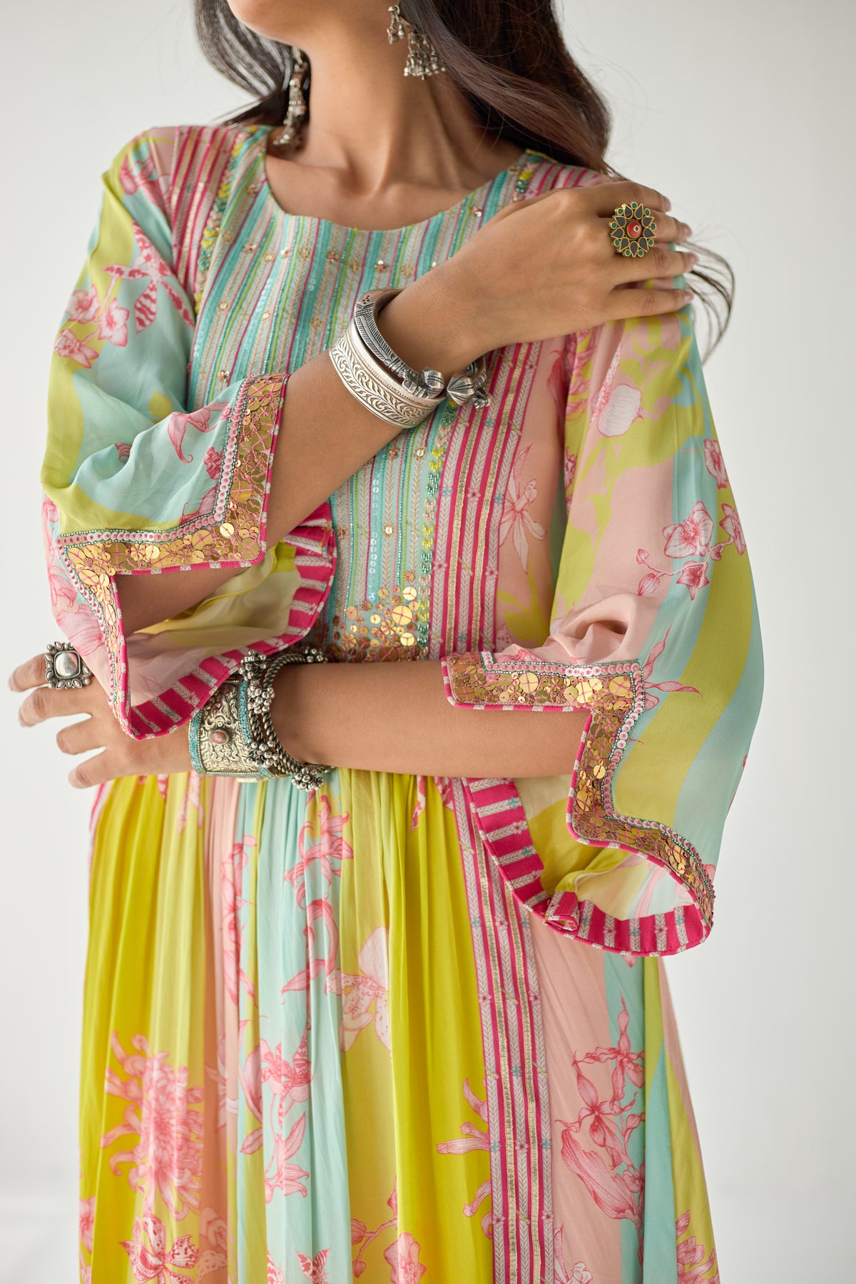 Lime yellow orchid yoke kurta