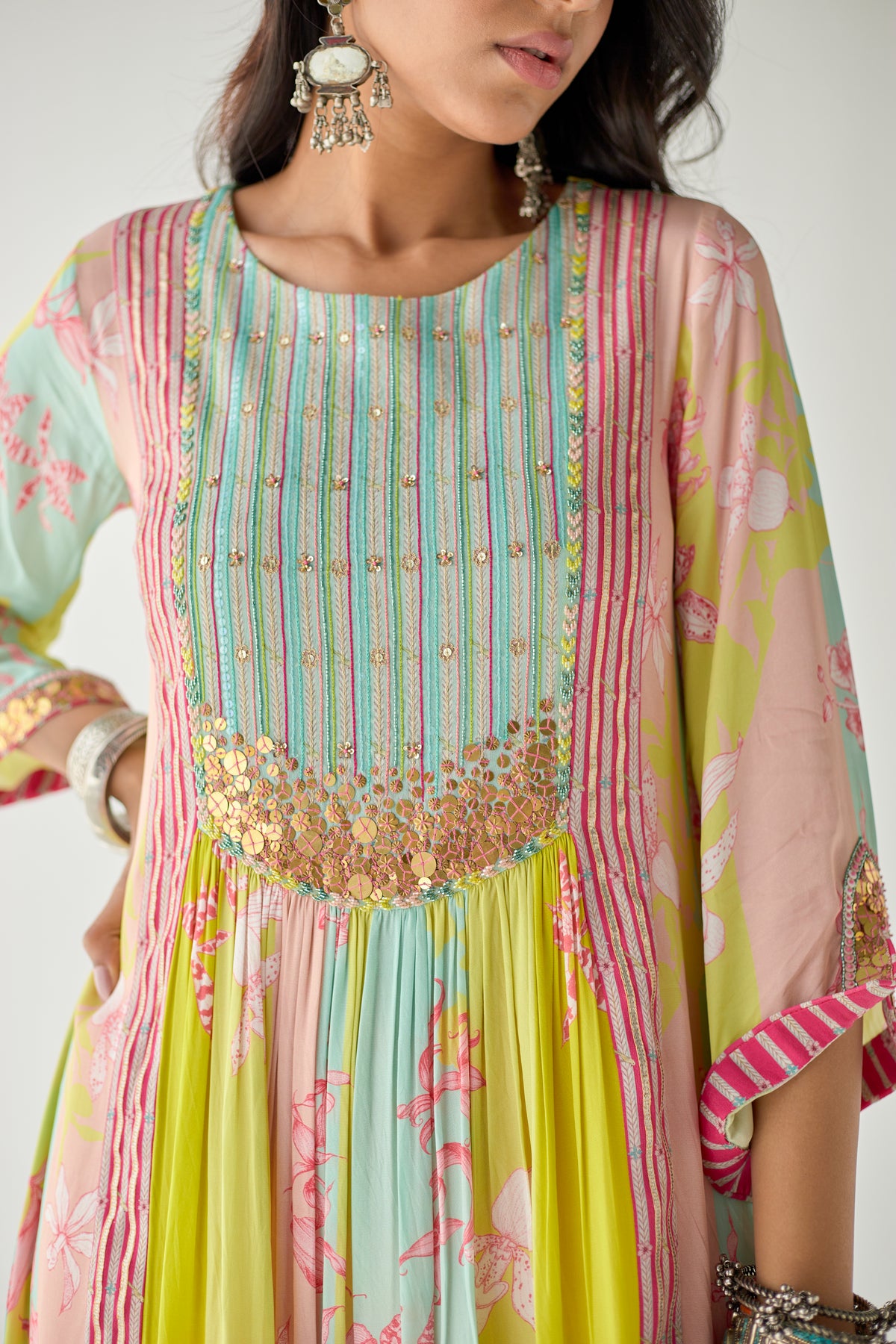 Lime yellow orchid yoke kurta