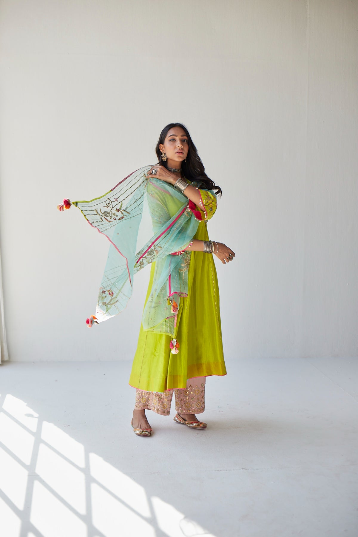 Bright Green Side Kali Kurta