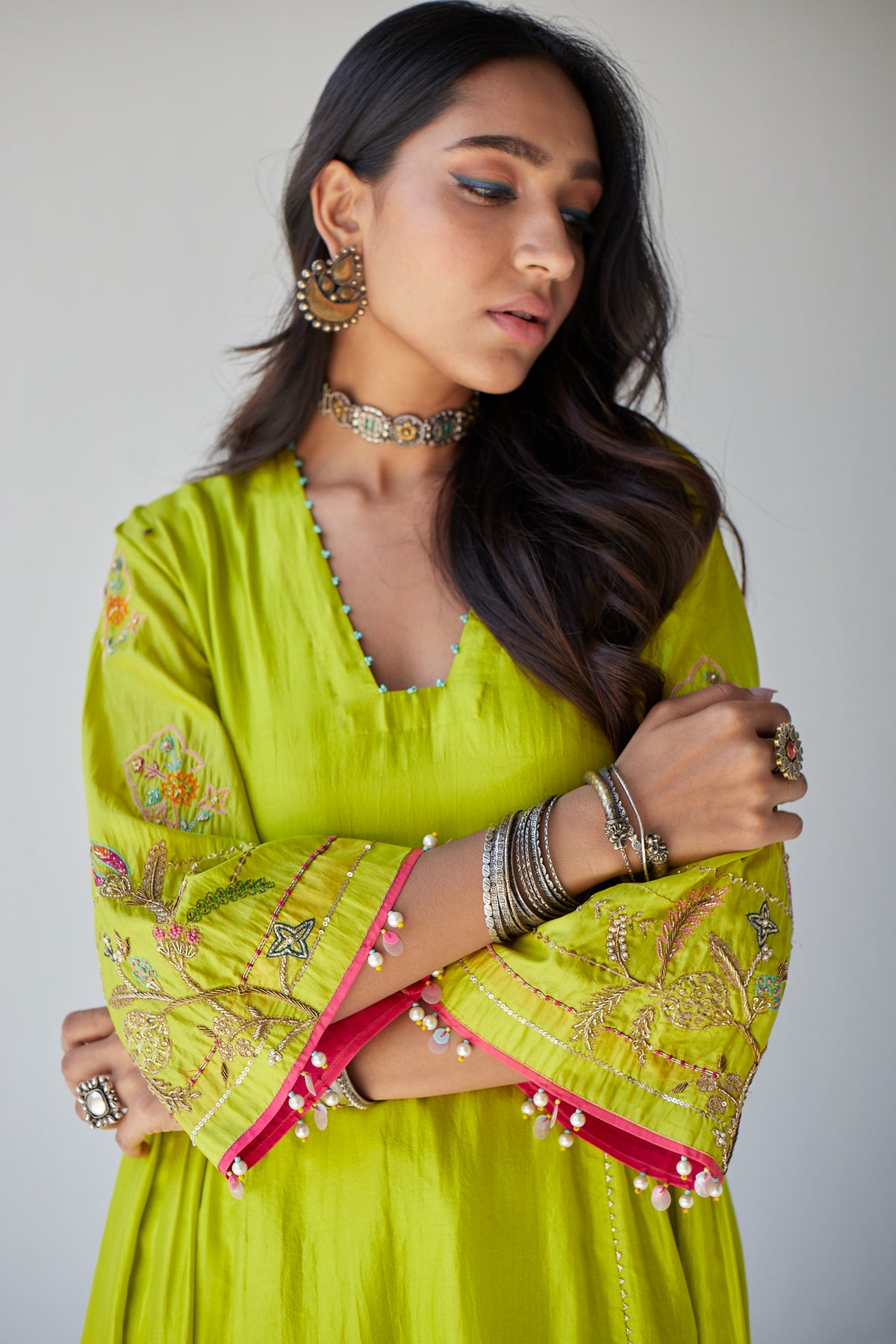 Bright Green Side Kali Kurta