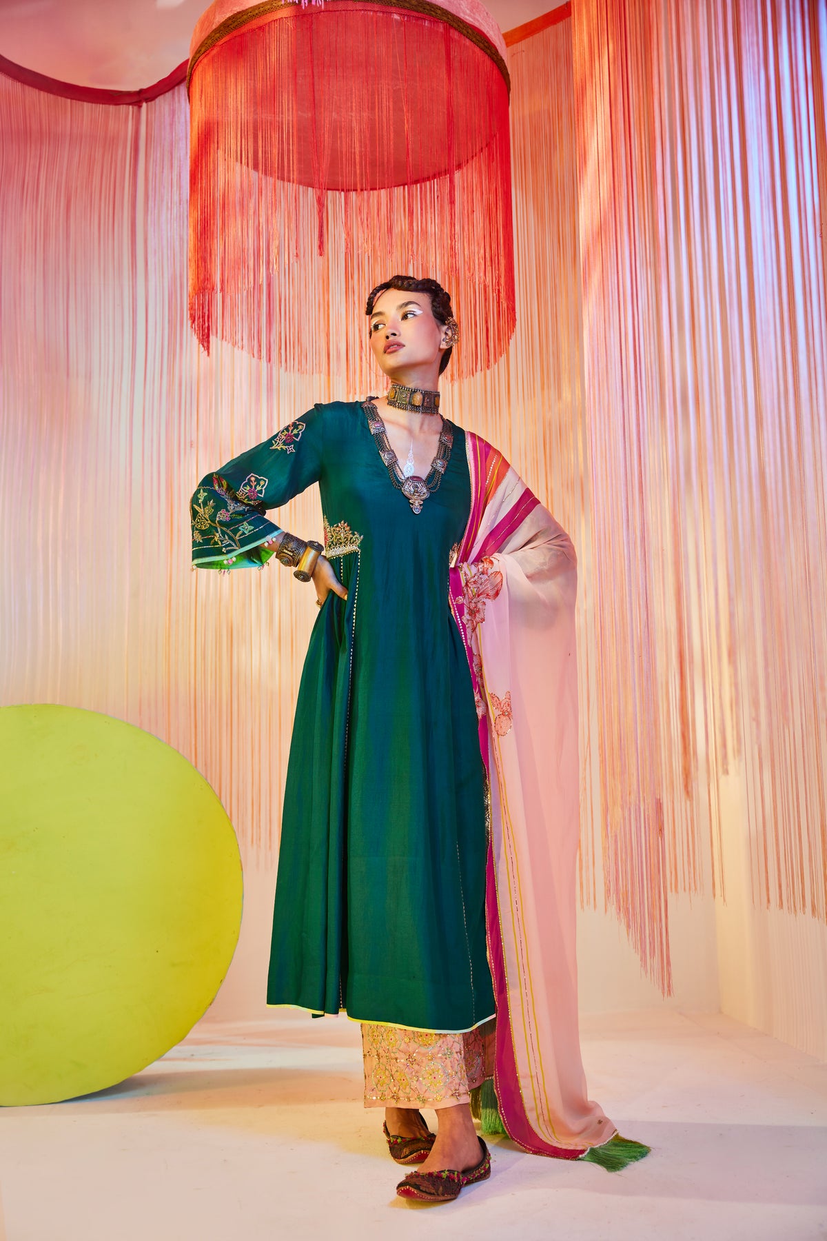 Teal green side kali kurta