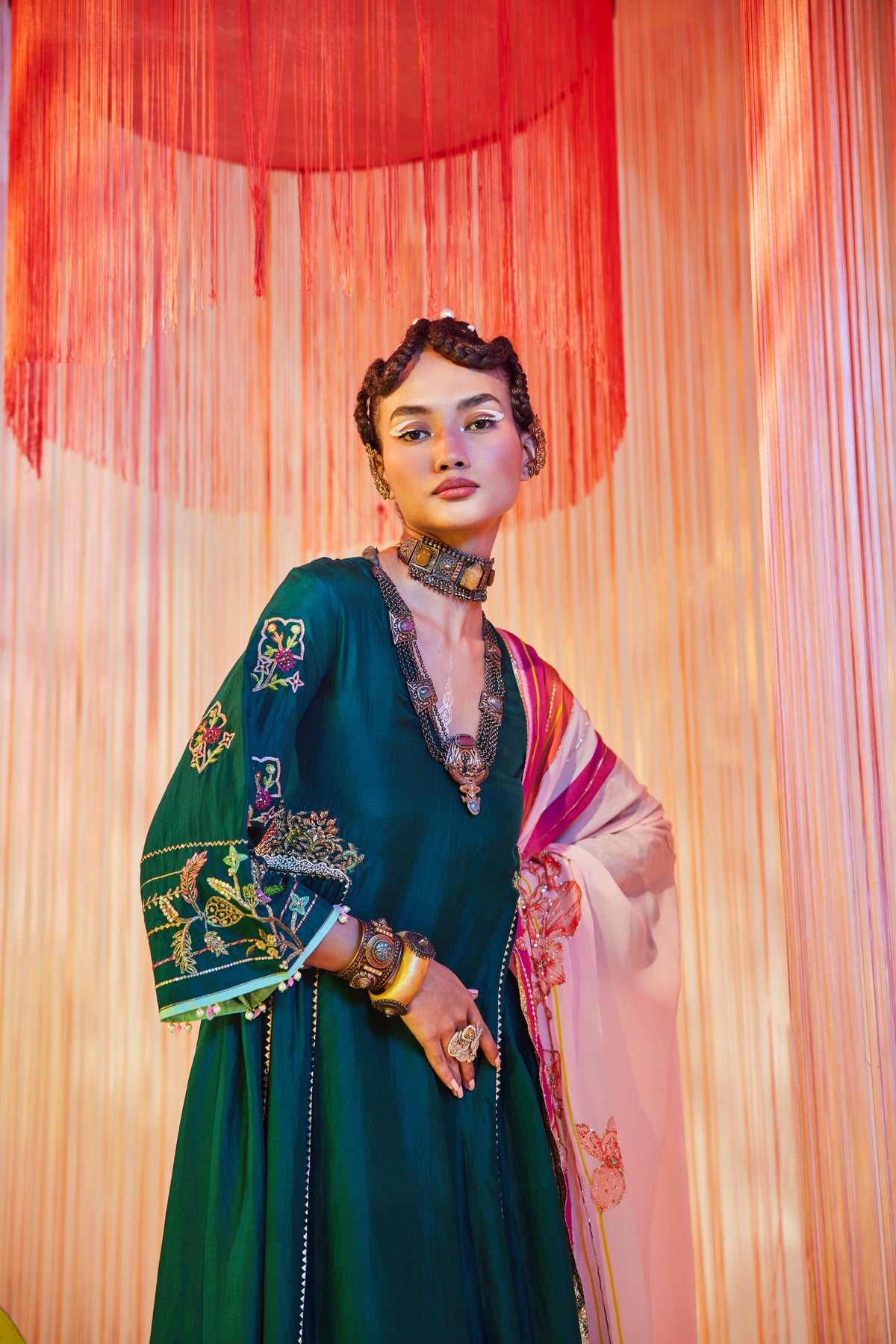 Teal green side kali kurta