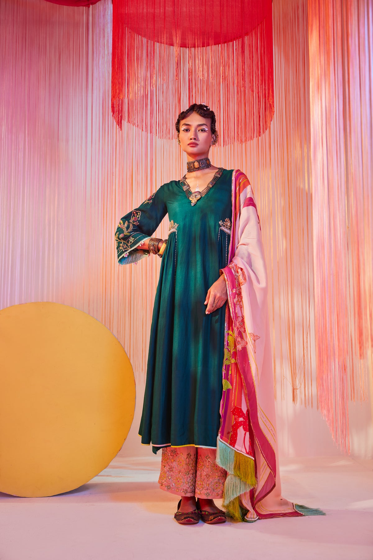 Teal green side kali kurta