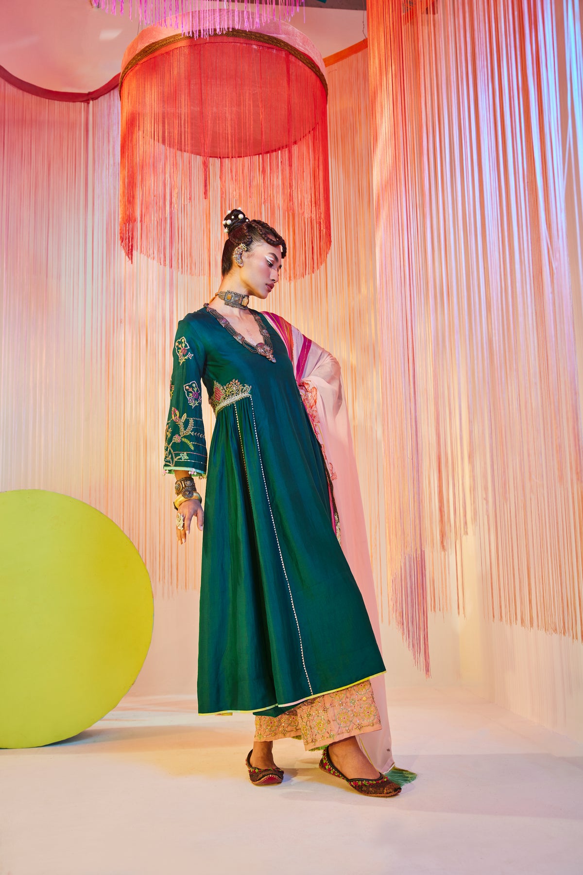 Teal green side kali kurta