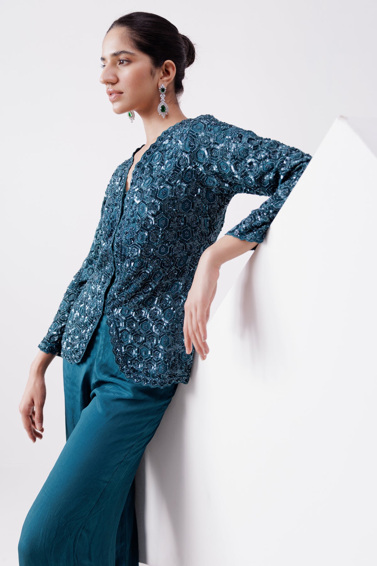Teal Chinon Indo Western Jacket