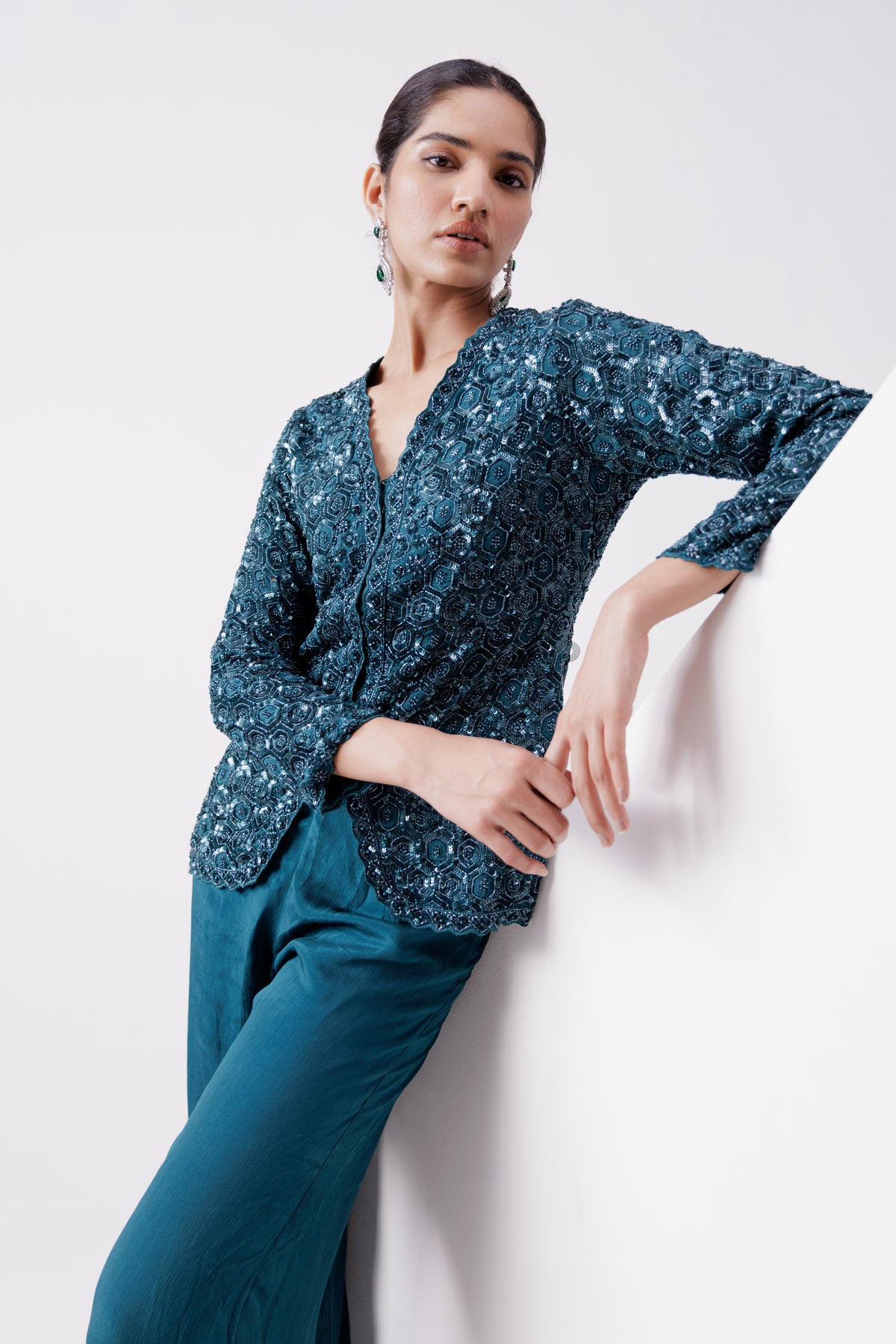 Teal Chinon Indo Western Jacket