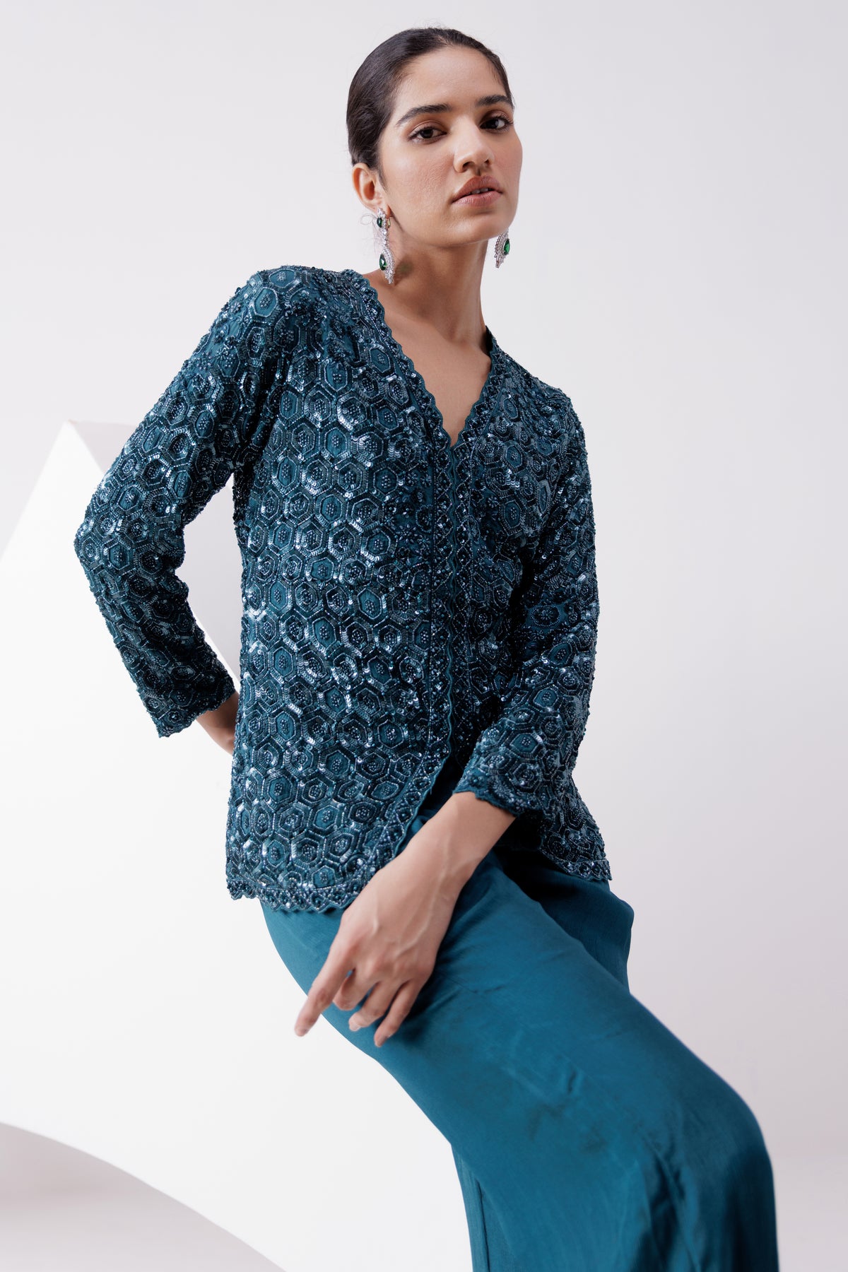 Teal Chinon Indo Western Jacket